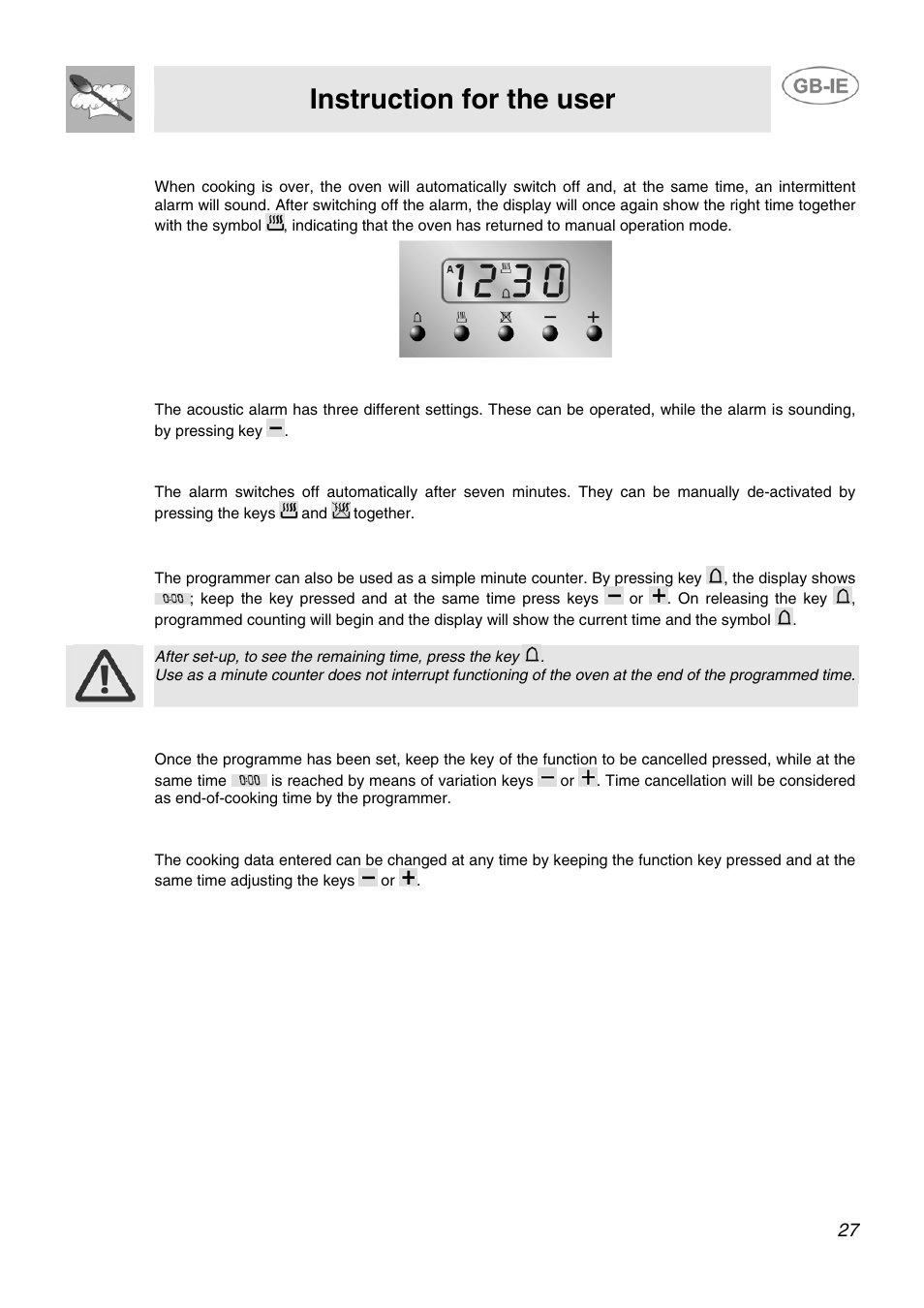 4 end of cooking, 5 adjusting alarm volume, 6 switching off the alarm | 7 minute counter, 8 cancellation of set data, 9 changing the set data, Instruction for the user | Smeg AP91VJME User Manual | Page 25 / 29