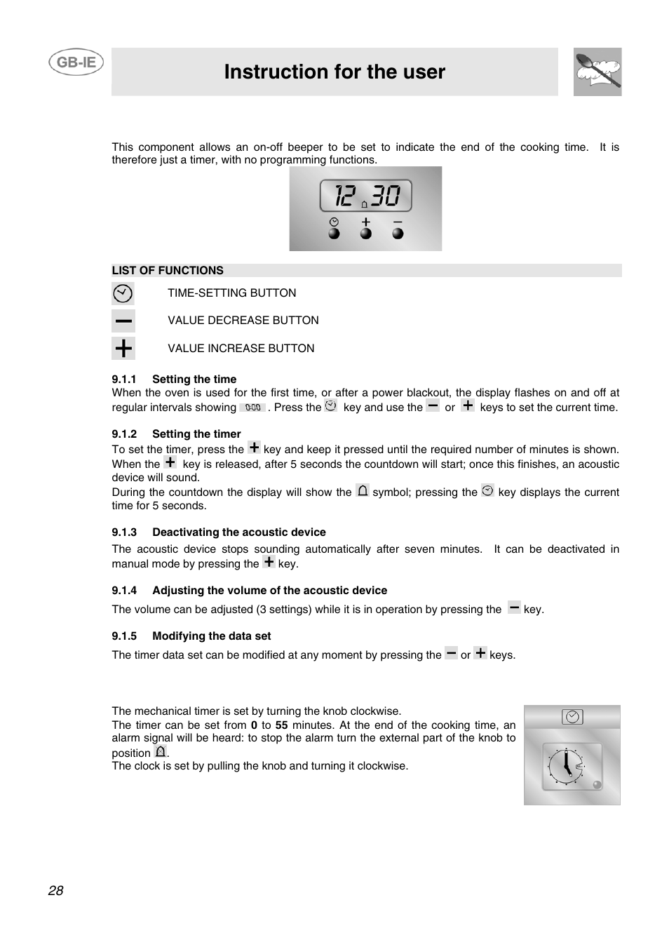 9 digital timer (certain models only), 1 setting the time, 2 setting the timer | 3 deactivating the acoustic device, 4 adjusting the volume of the acoustic device, 5 modifying the data set, 10 analogue clock (only on equipped models), Analogue clock (only on equipped models), Instruction for the user | Smeg AP91VJME User Manual | Page 26 / 29