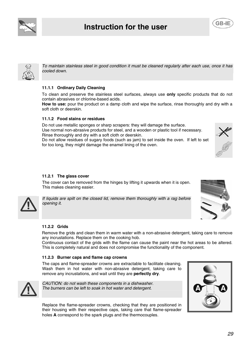 11 cleaning and maintenance, 1 cleaning stainless steel and enamelled versions, 1 ordinary daily cleaning | 2 food stains or residues, 2 cleaning of cooking hob components, 1 the glass cover, 2 grids, 3 burner caps and flame cap crowns, Cleaning and maintenance, Instruction for the user | Smeg AP91VJME User Manual | Page 27 / 29