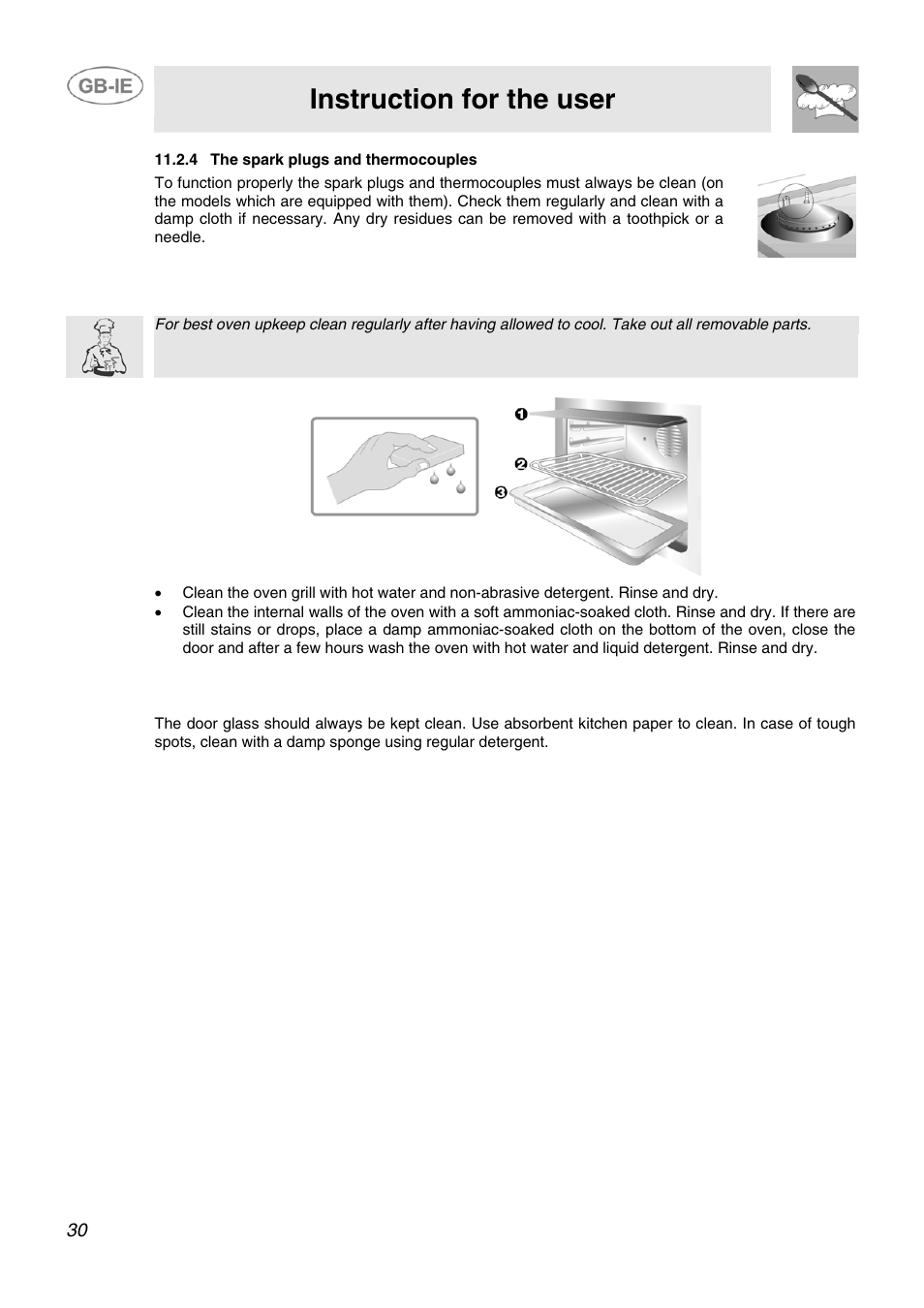 4 the spark plugs and thermocouples, 3 cleaning of oven, 4 door glass | Instruction for the user | Smeg AP91VJME User Manual | Page 28 / 29