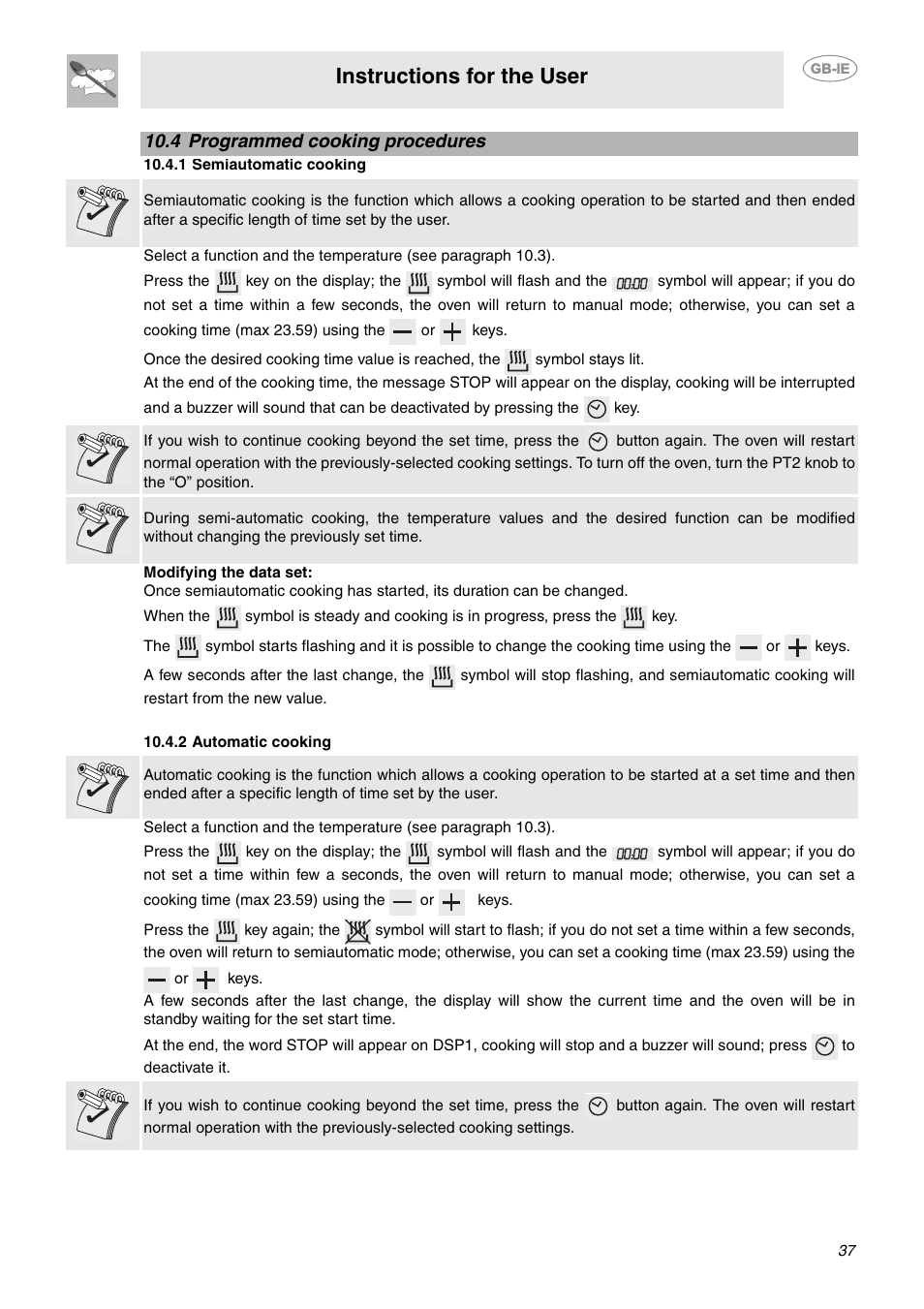 4 programmed cooking procedures, 1 semiautomatic cooking, 2 automatic cooking | Instructions for the user | Smeg CE6CMX User Manual | Page 11 / 24