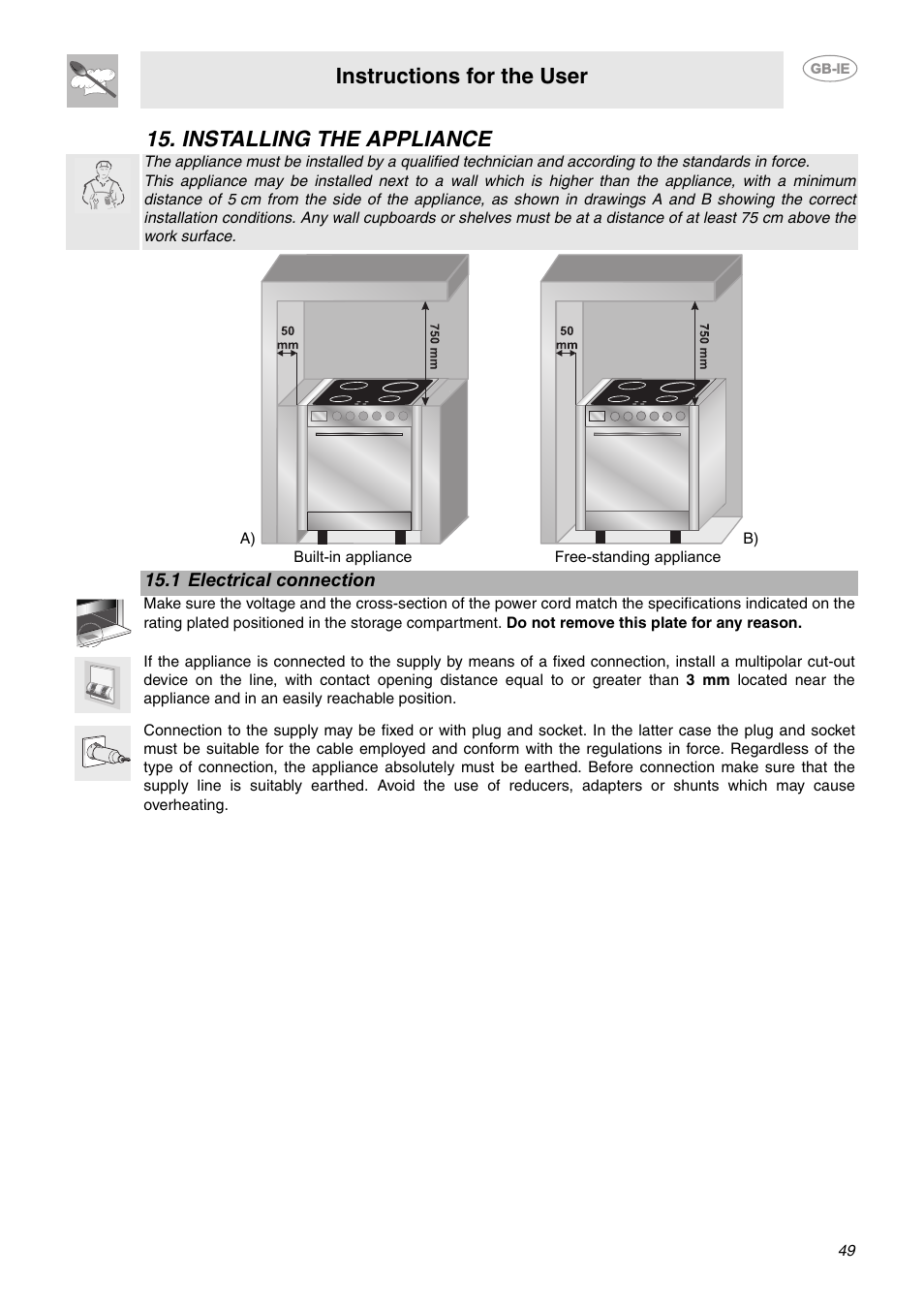Installing the appliance, 1 electrical connection, Instructions for the user | Smeg CE6CMX User Manual | Page 23 / 24