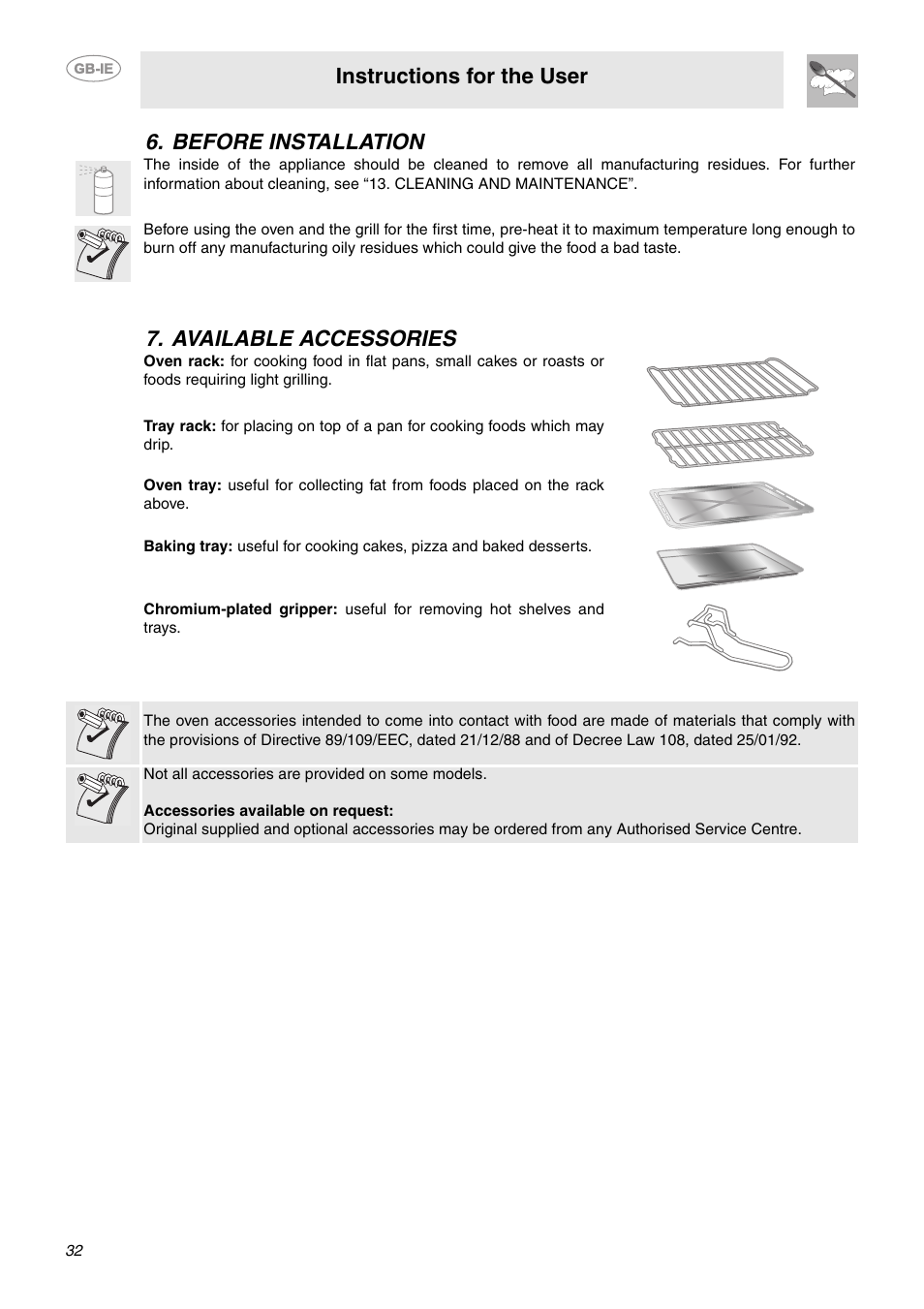 Before installation, Available accessories, Instructions for the user | Before installation 7. available accessories | Smeg CE6CMX User Manual | Page 6 / 24