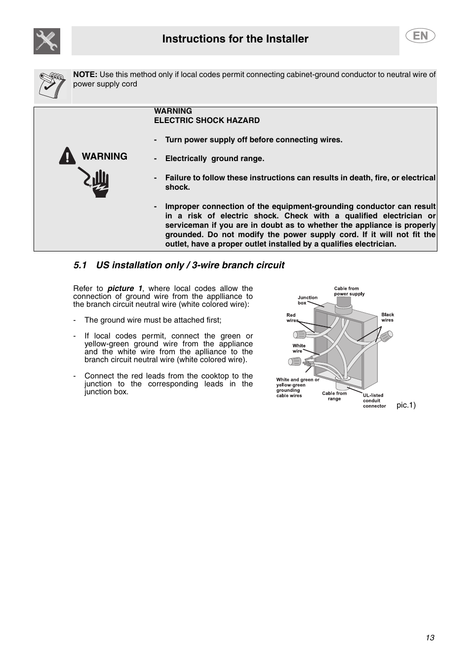 1 us installation only / 3-wire branch circuit, Instructions for the installer | Smeg A1XCU6 User Manual | Page 11 / 12