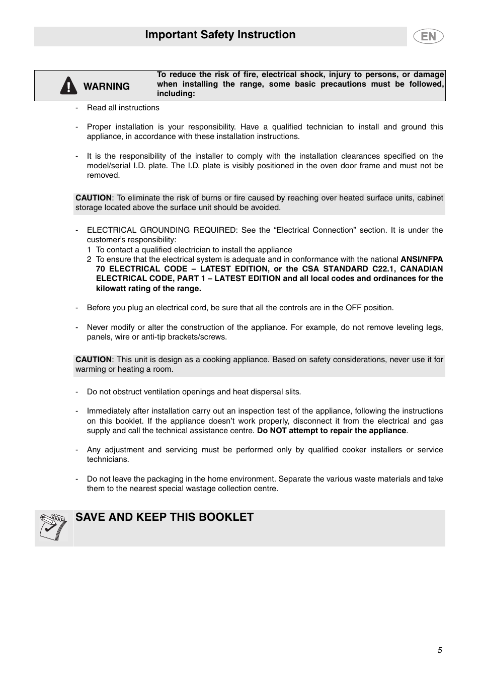 Important safety instruction, Save and keep this booklet | Smeg A1XCU6 User Manual | Page 3 / 12
