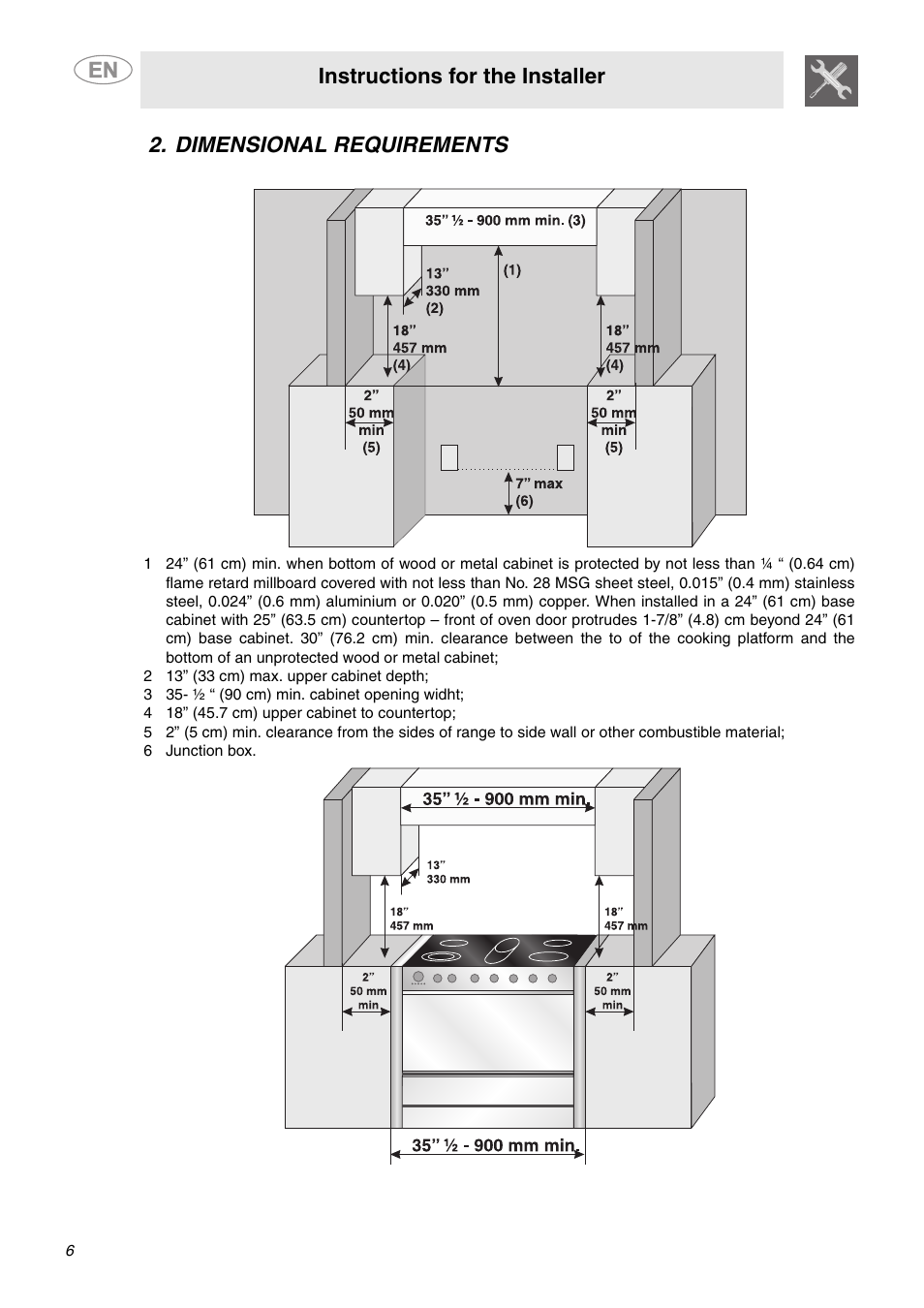 Dimensional requirements, 2 13” (33 cm) max. upper cabinet depth, 3 35- º “ (90 cm) min. cabinet opening widht | 4 18” (45.7 cm) upper cabinet to countertop, 6 junction box, Instructions for the installer | Smeg A1XCU6 User Manual | Page 4 / 12