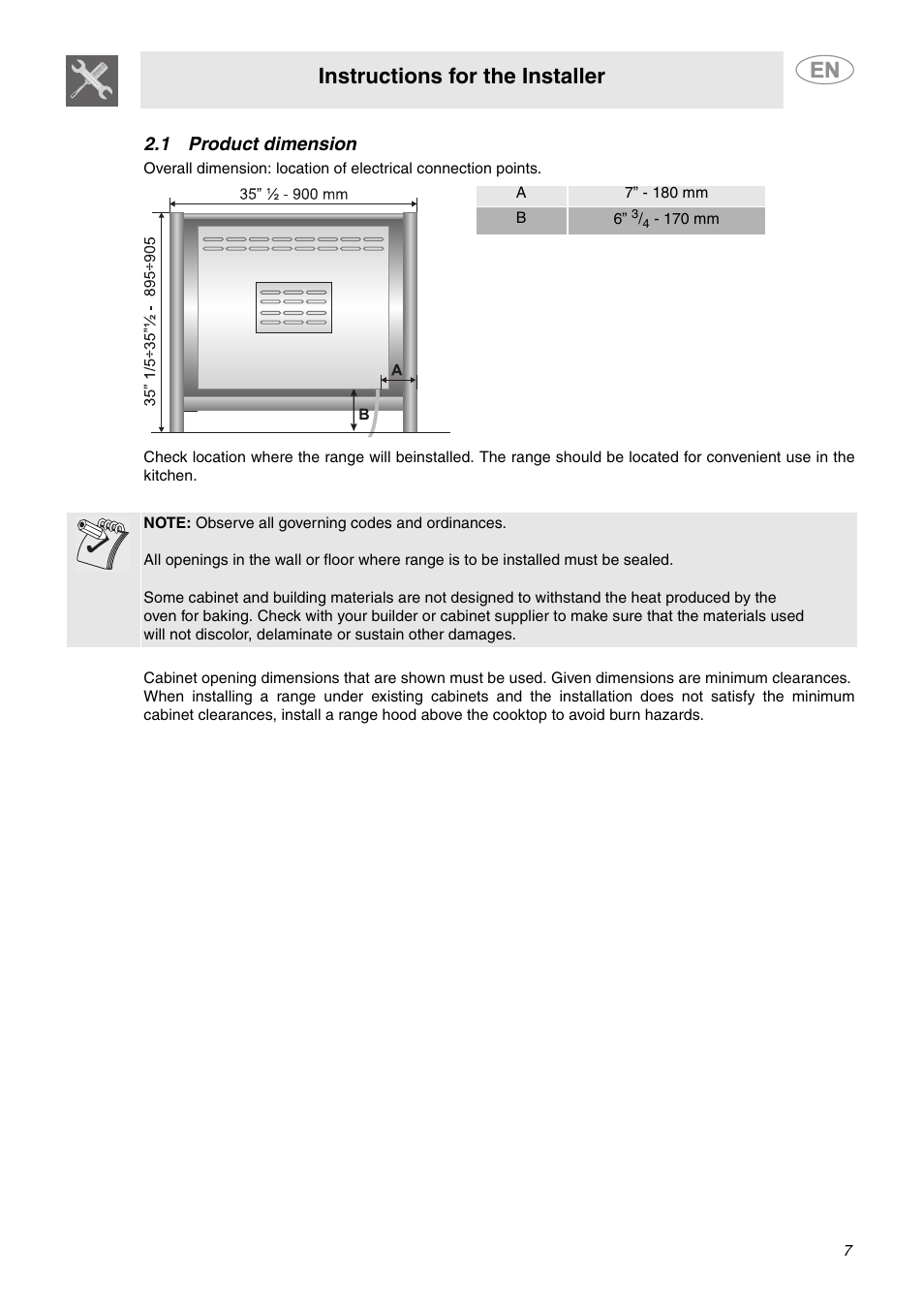 1 product dimension, Instructions for the installer | Smeg A1XCU6 User Manual | Page 5 / 12
