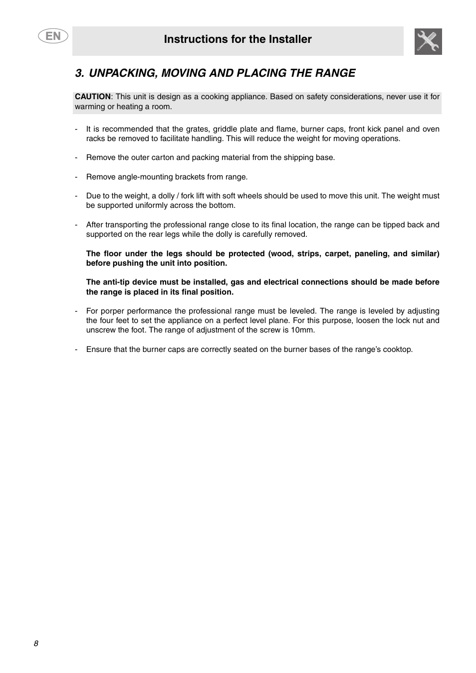 Unpacking, moving and placing the range, Instructions for the installer | Smeg A1XCU6 User Manual | Page 6 / 12