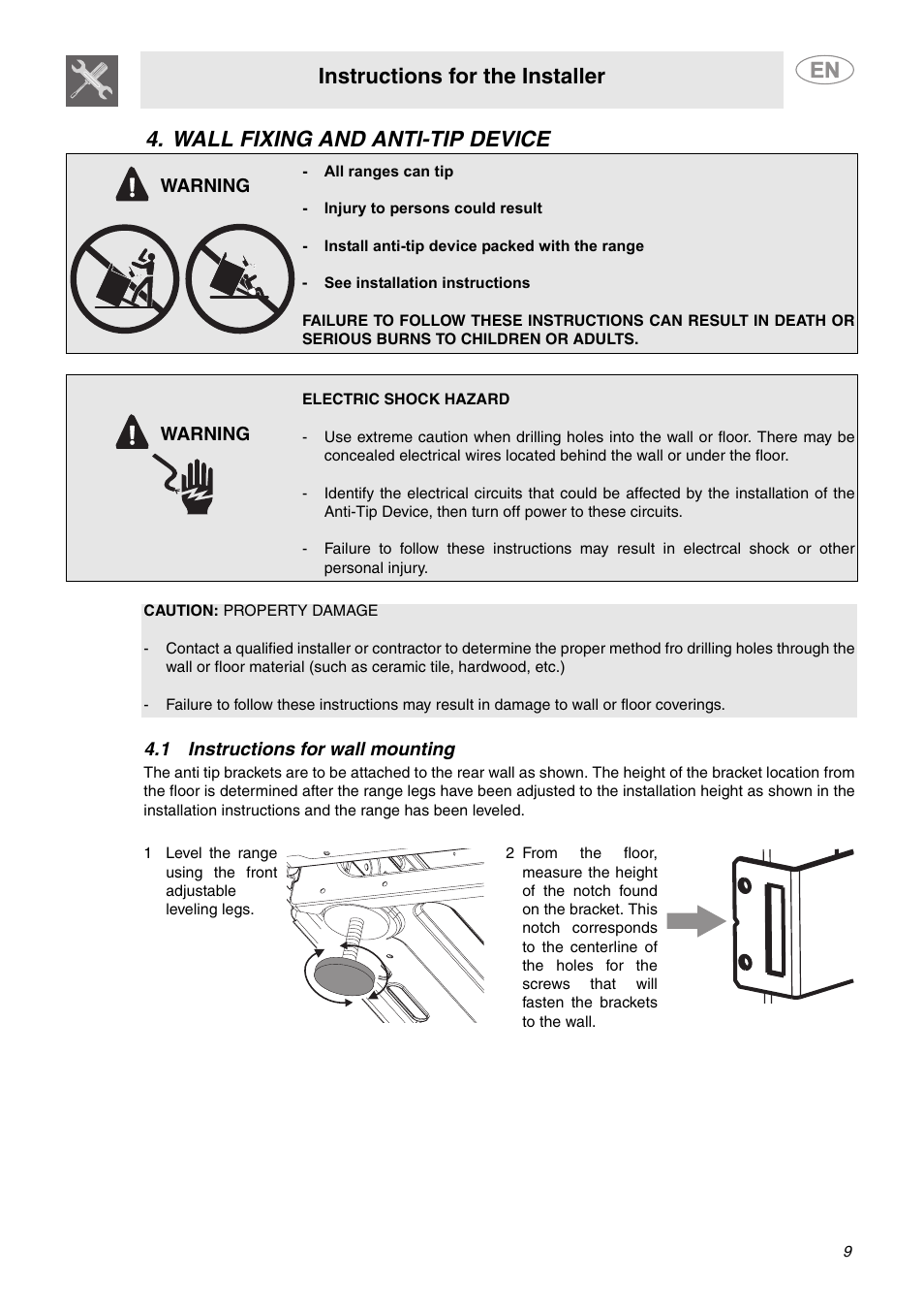 Wall fixing and anti-tip device, 1 instructions for wall mounting, Instructions for the installer | Smeg A1XCU6 User Manual | Page 7 / 12
