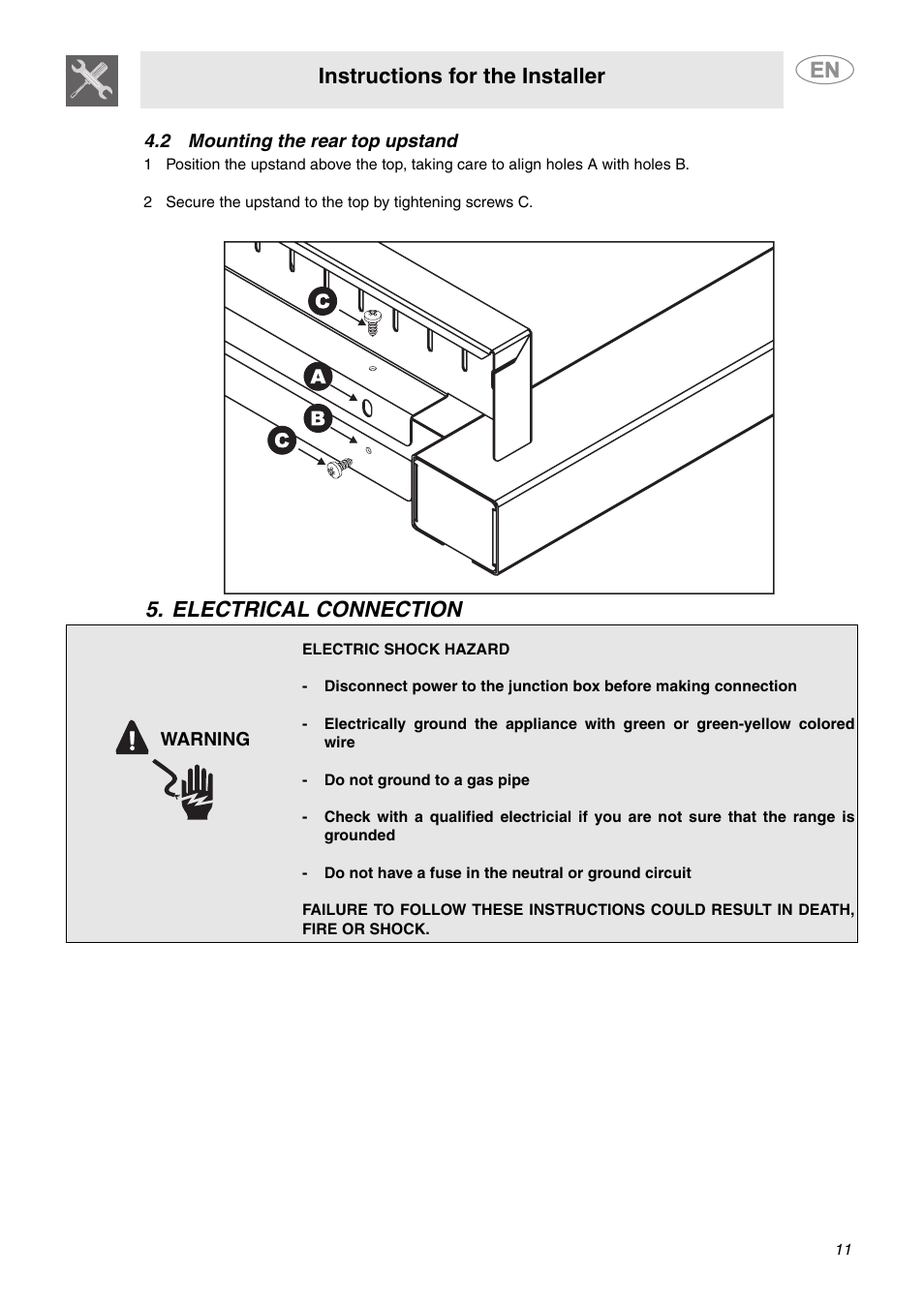 2 mounting the rear top upstand, Electrical connection, Instructions for the installer | Smeg A1XCU6 User Manual | Page 9 / 12