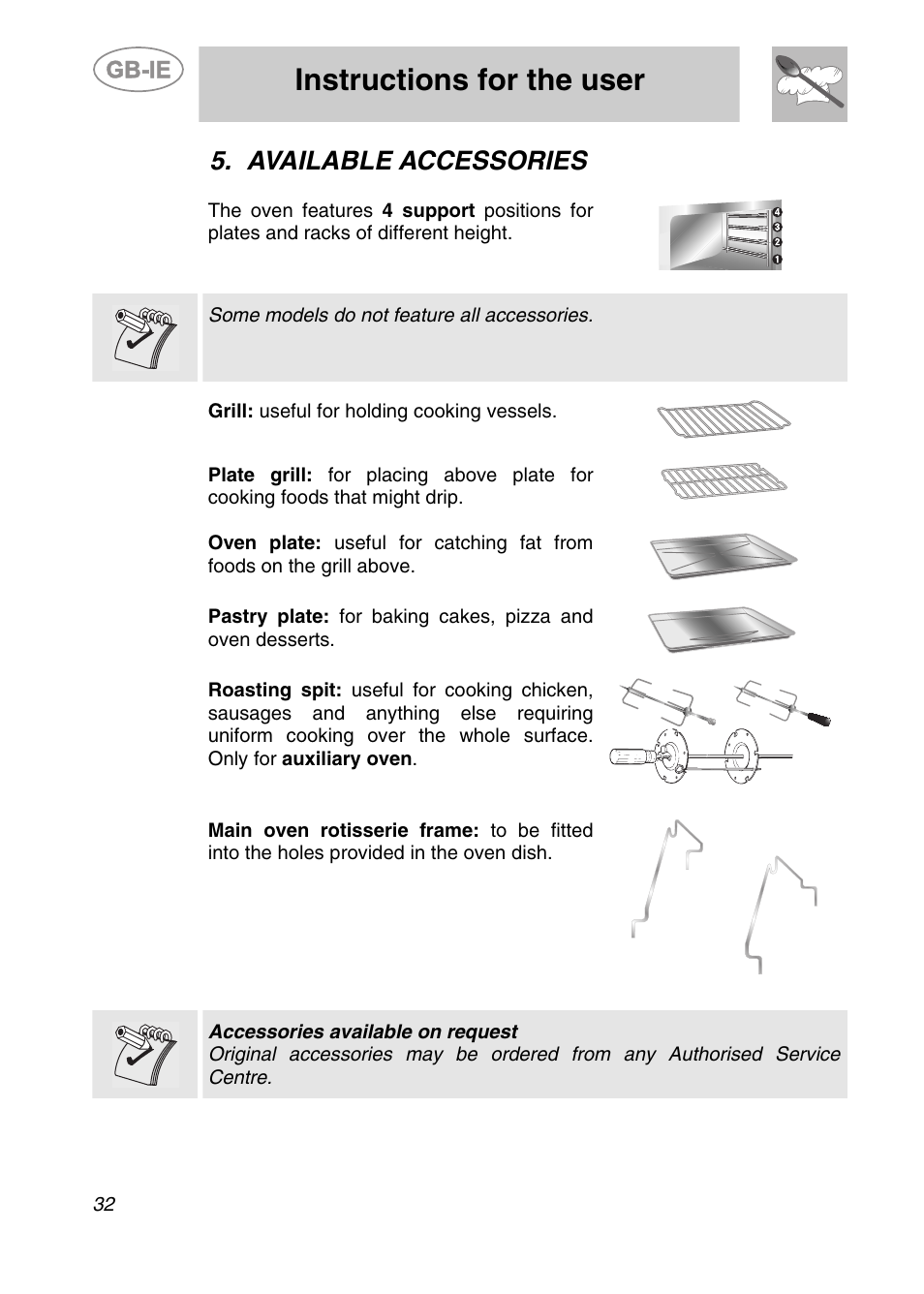 Available accessories, Instructions for the user | Smeg 9FBYON User Manual | Page 10 / 20