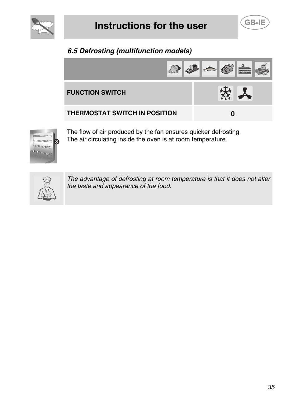 5 defrosting (multifunction models), Instructions for the user, Function switch | Thermostat switch in position | Smeg 9FBYON User Manual | Page 13 / 20