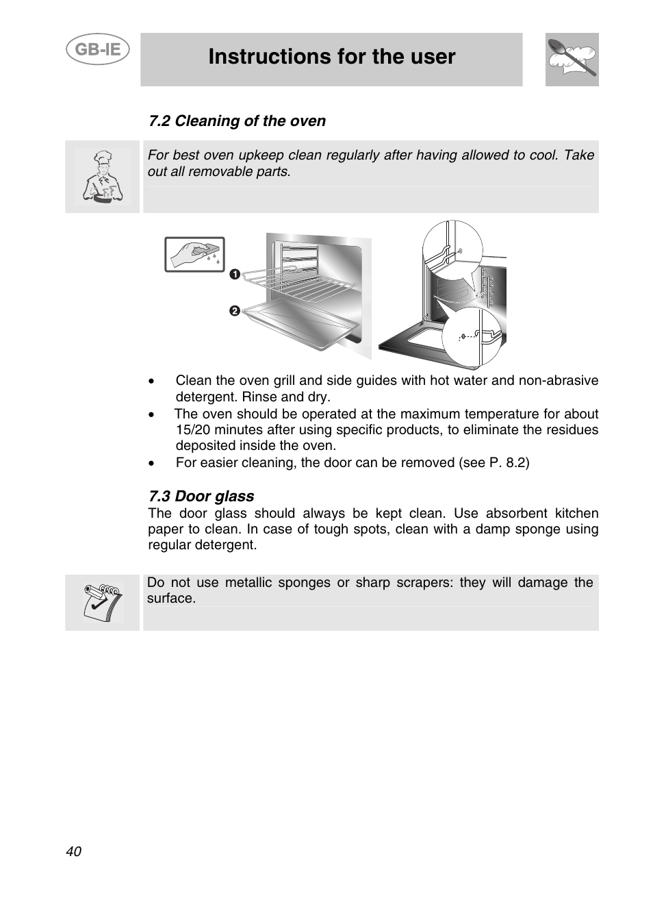 2 cleaning of the oven, 3 door glass, Instructions for the user | Smeg 9FBYON User Manual | Page 18 / 20