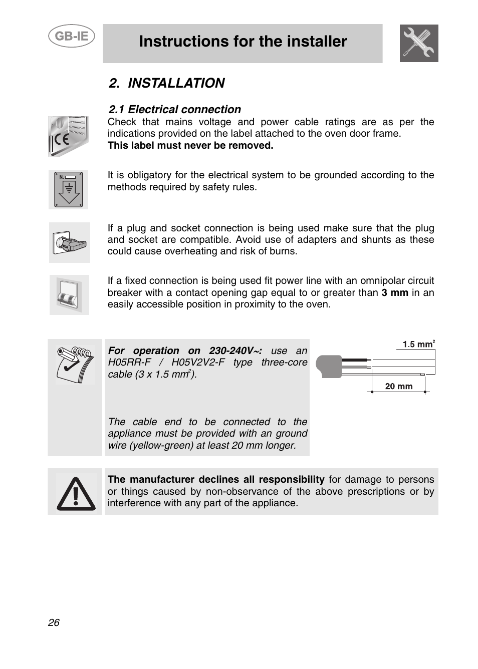Installation, 1 electrical connection, Instructions for the installer | Smeg 9FBYON User Manual | Page 4 / 20