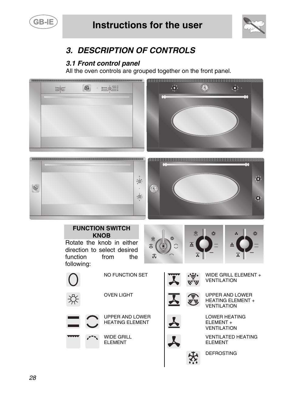 Description of controls, 1 front control panel, Instructions for the user | Smeg 9FBYON User Manual | Page 6 / 20