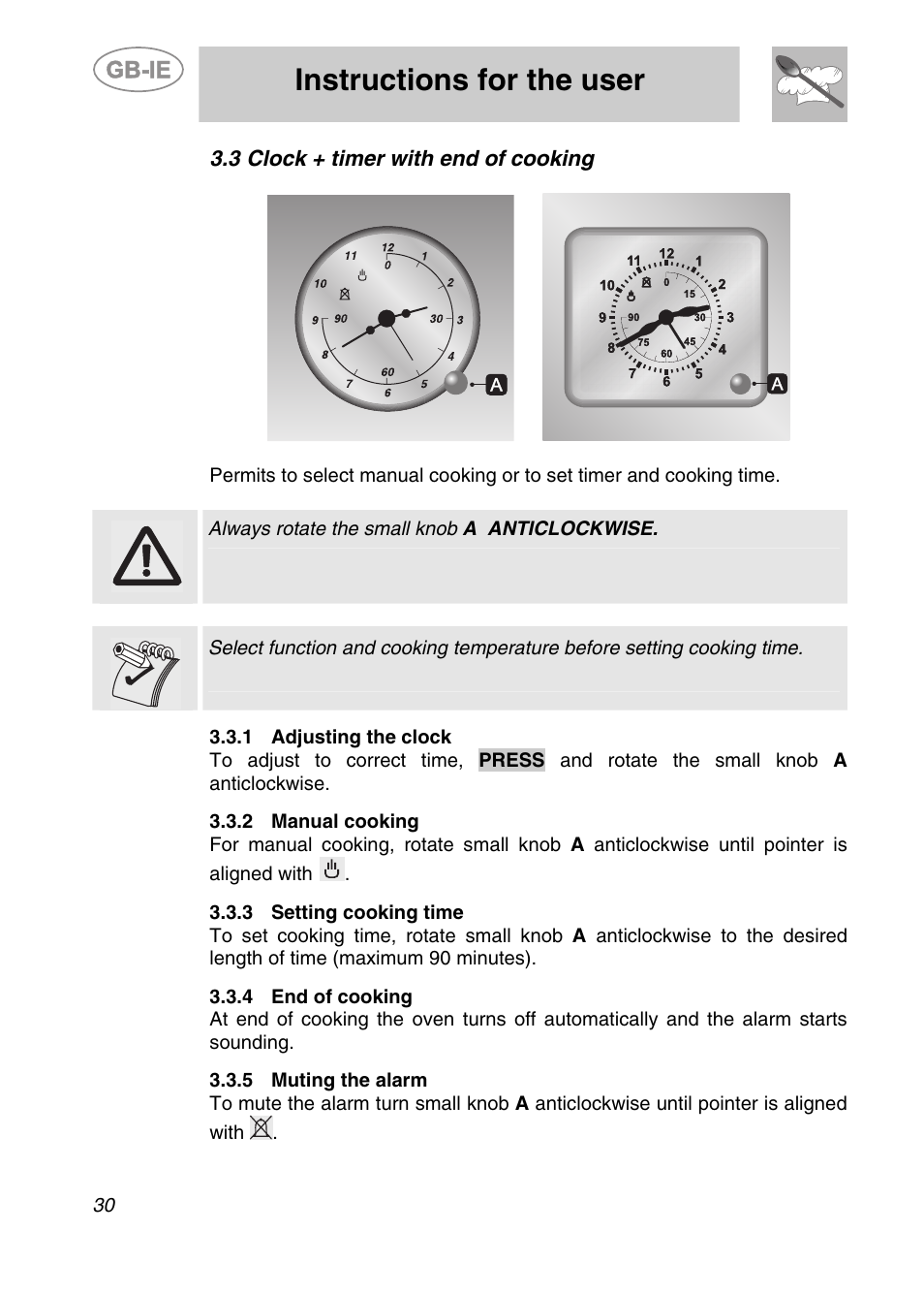 3 clock + timer with end of cooking, 1 adjusting the clock, 2 manual cooking | 3 setting cooking time, 4 end of cooking, 5 muting the alarm, Instructions for the user | Smeg 9FBYON User Manual | Page 8 / 20