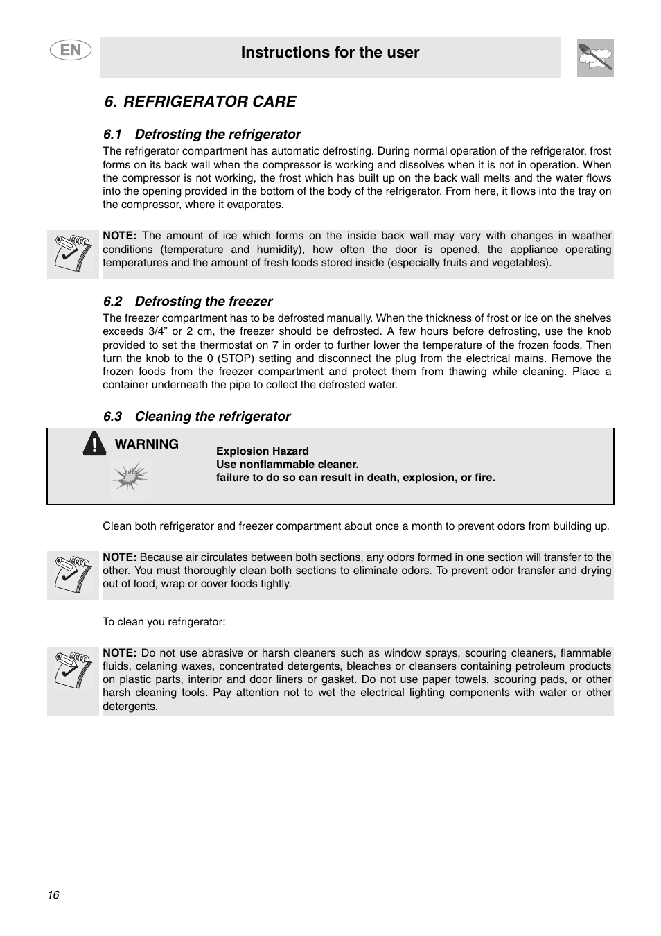 Refrigerator care, 1 defrosting the refrigerator, 2 defrosting the freezer | 3 cleaning the refrigerator, Instructions for the user | Smeg FAB28MCUS User Manual | Page 14 / 20