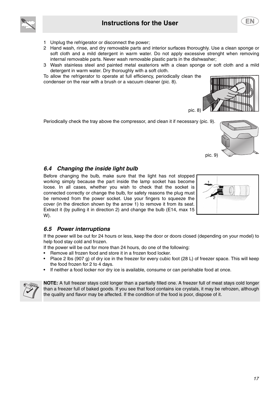 1 unplug the refrigerator or disconnect the power, 4 changing the inside light bulb, 5 power interruptions | Instructions for the user | Smeg FAB28MCUS User Manual | Page 15 / 20