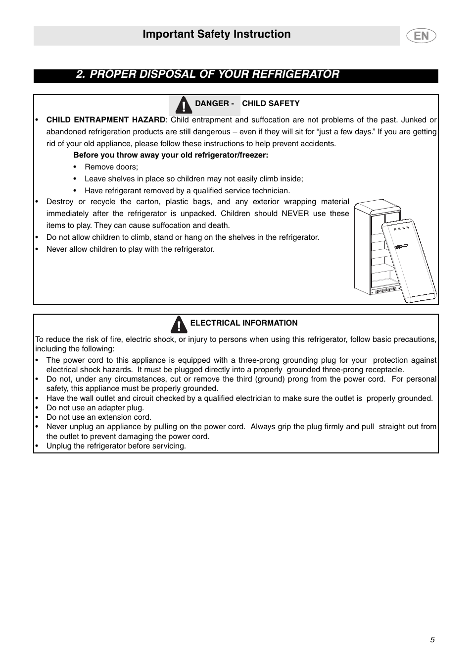 Proper disposal of your refrigerator, Danger, Child safety | Electrical information, Important safety instruction | Smeg FAB28MCUS User Manual | Page 3 / 20