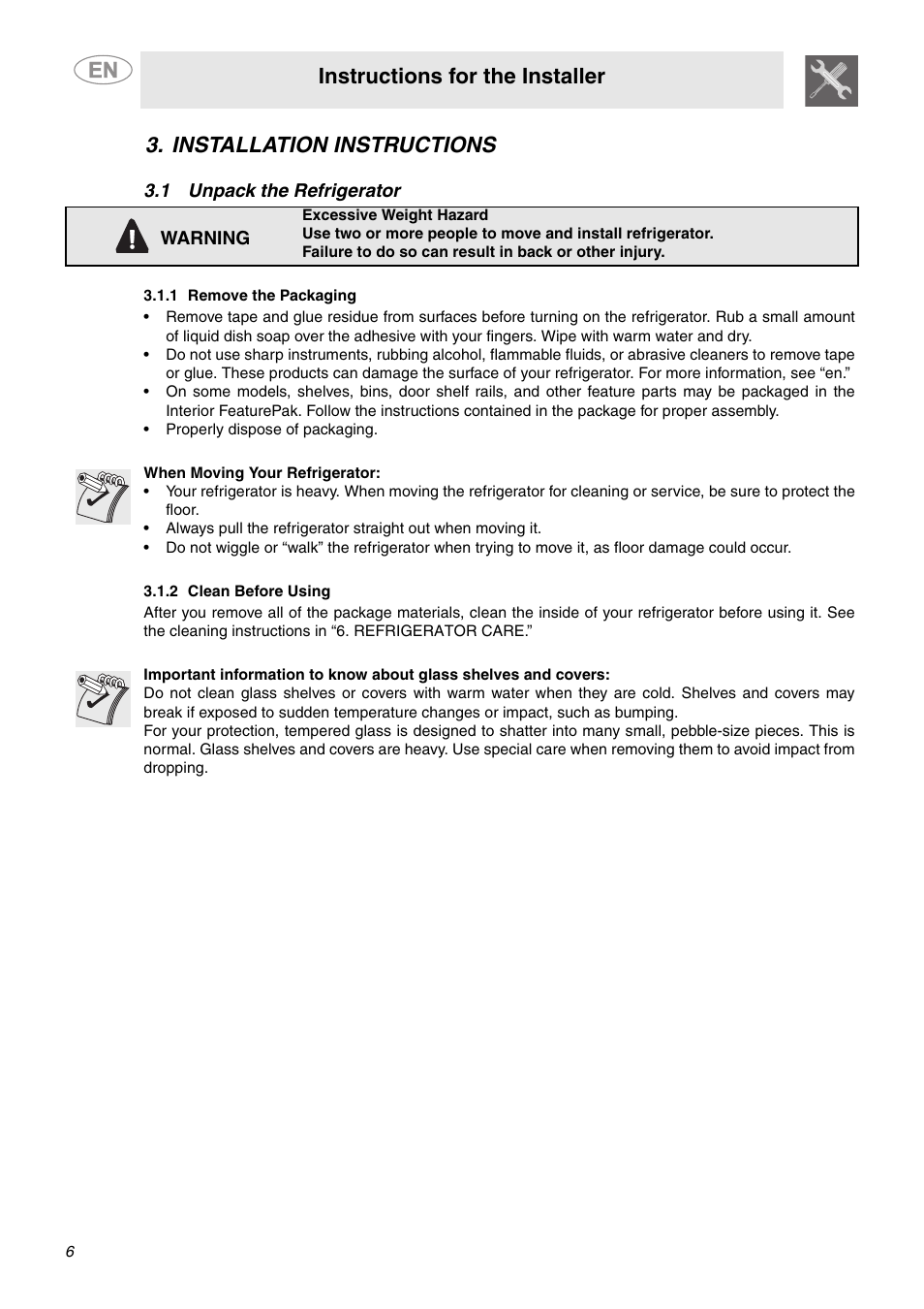 Installation instructions, 1 unpack the refrigerator, 1 remove the packaging | 2 clean before using, Instructions for the installer | Smeg FAB28MCUS User Manual | Page 4 / 20