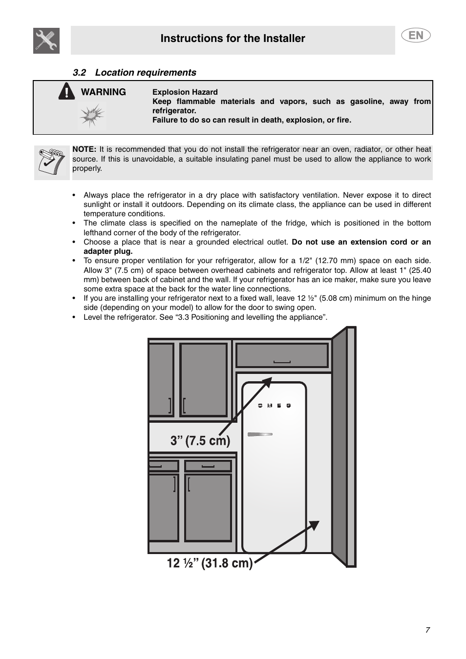 2 location requirements, Instructions for the installer | Smeg FAB28MCUS User Manual | Page 5 / 20