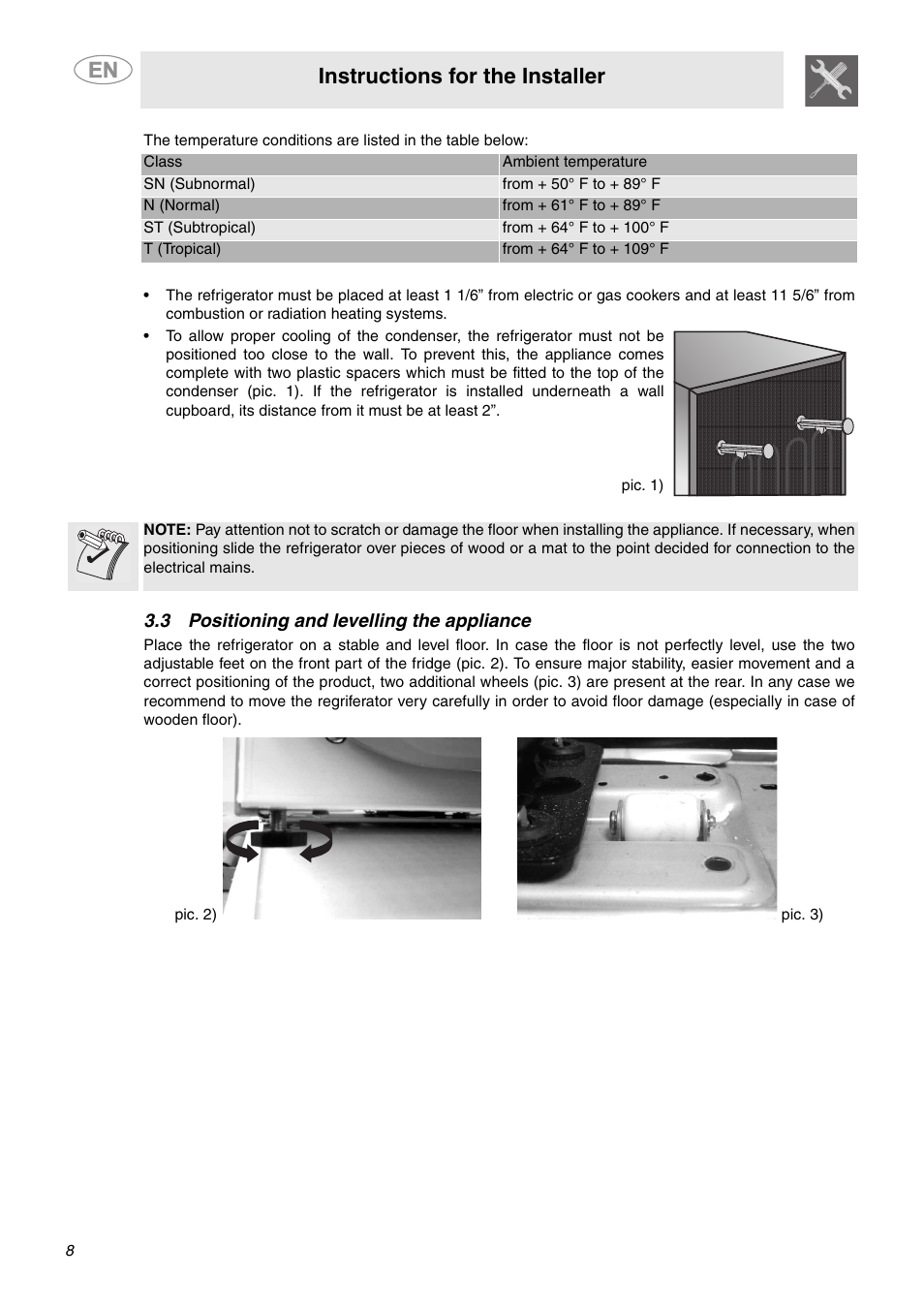 3 positioning and levelling the appliance, Instructions for the installer | Smeg FAB28MCUS User Manual | Page 6 / 20