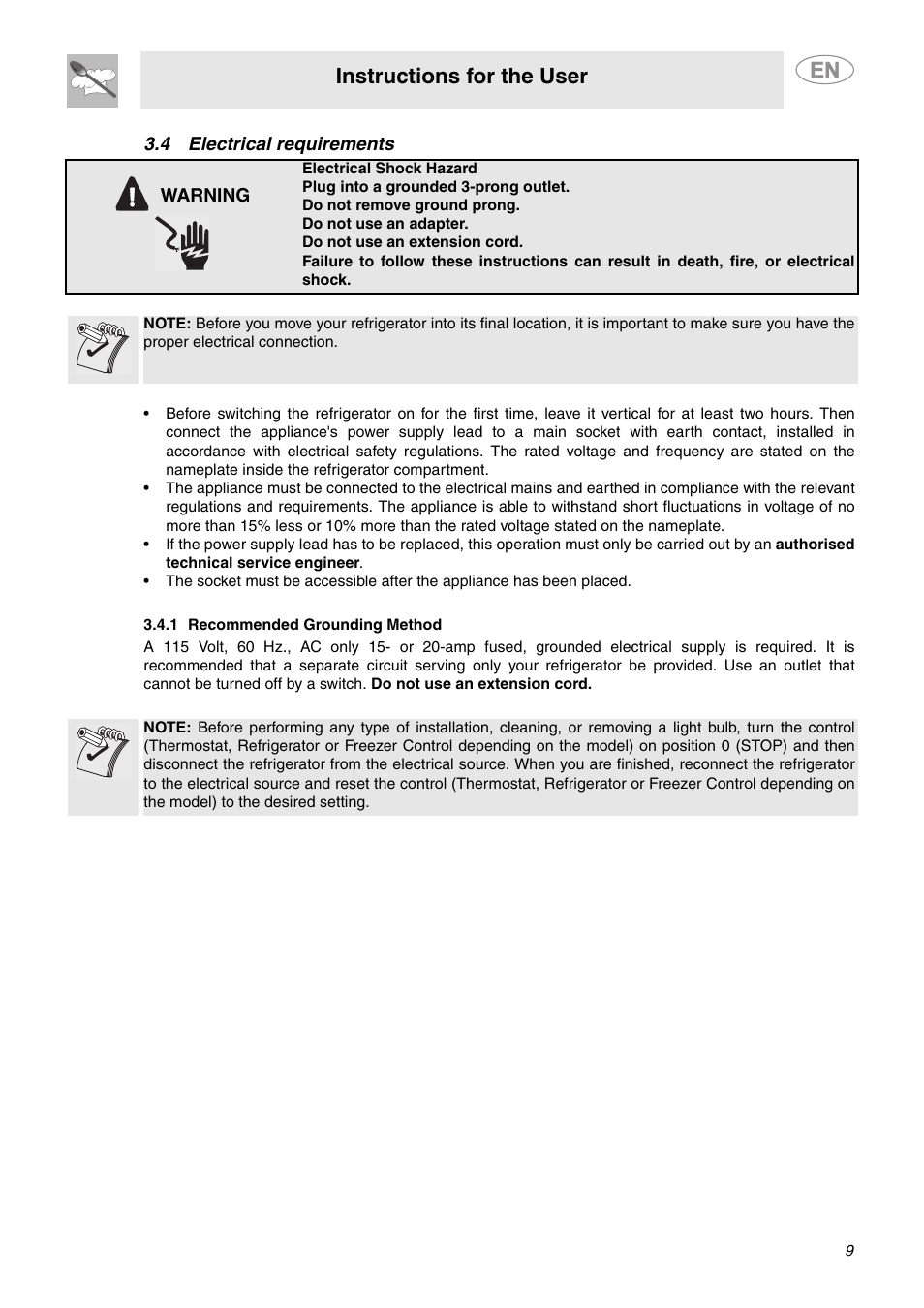 4 electrical requirements, 1 recommended grounding method, Instructions for the user | Smeg FAB28MCUS User Manual | Page 7 / 20