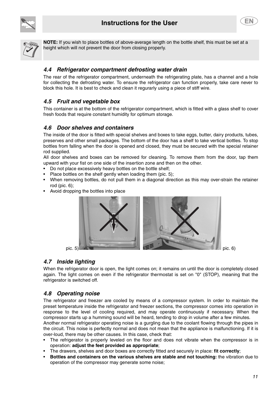 4 refrigerator compartment defrosting water drain, 5 fruit and vegetable box, 6 door shelves and containers | 7 inside lighting, 8 operating noise, Instructions for the user | Smeg FAB28MCUS User Manual | Page 9 / 20