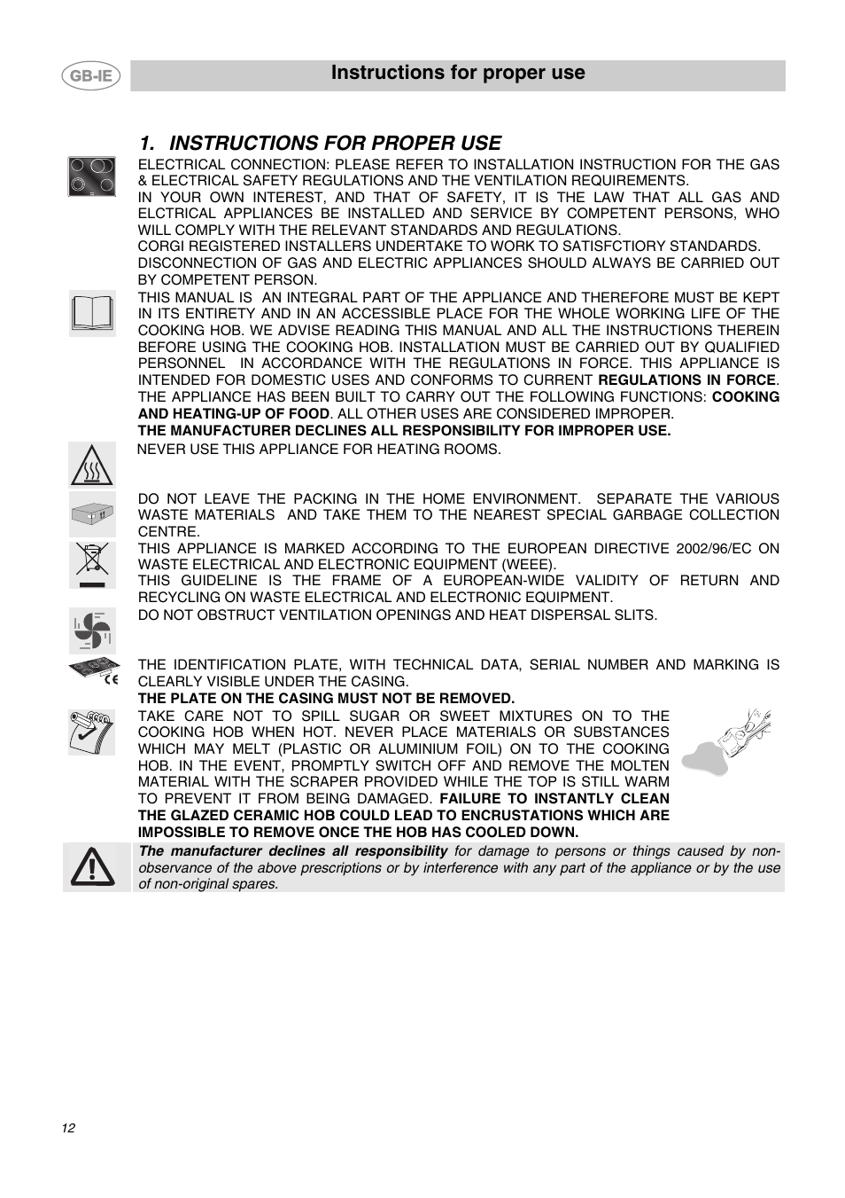 Instructions for proper use | Smeg SE65CX User Manual | Page 2 / 8
