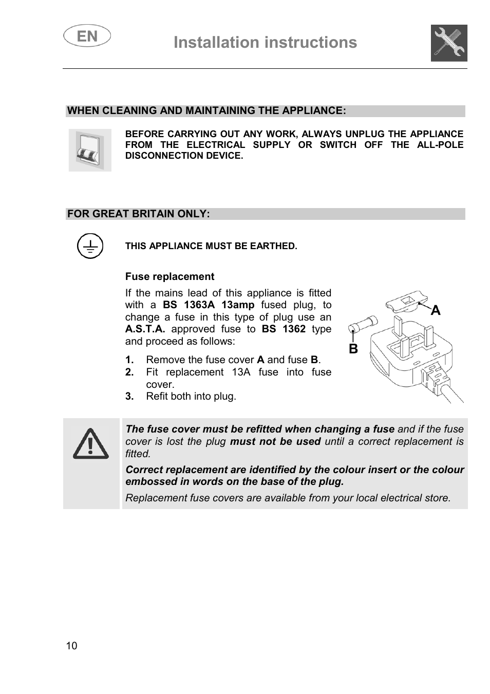 Installation instructions | Smeg DI614H User Manual | Page 10 / 45