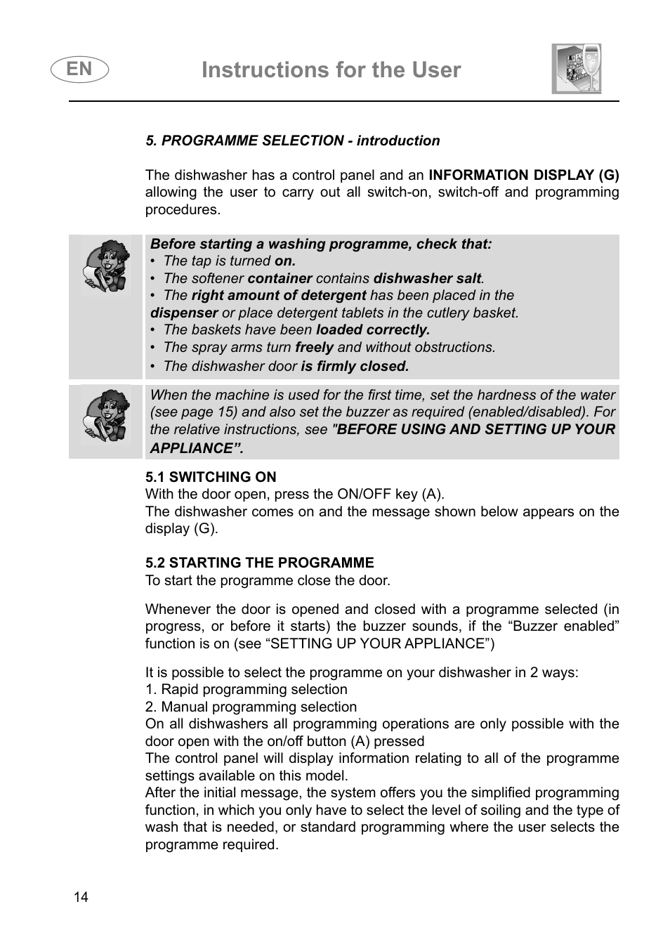 Instructions for the user | Smeg DI614H User Manual | Page 14 / 45