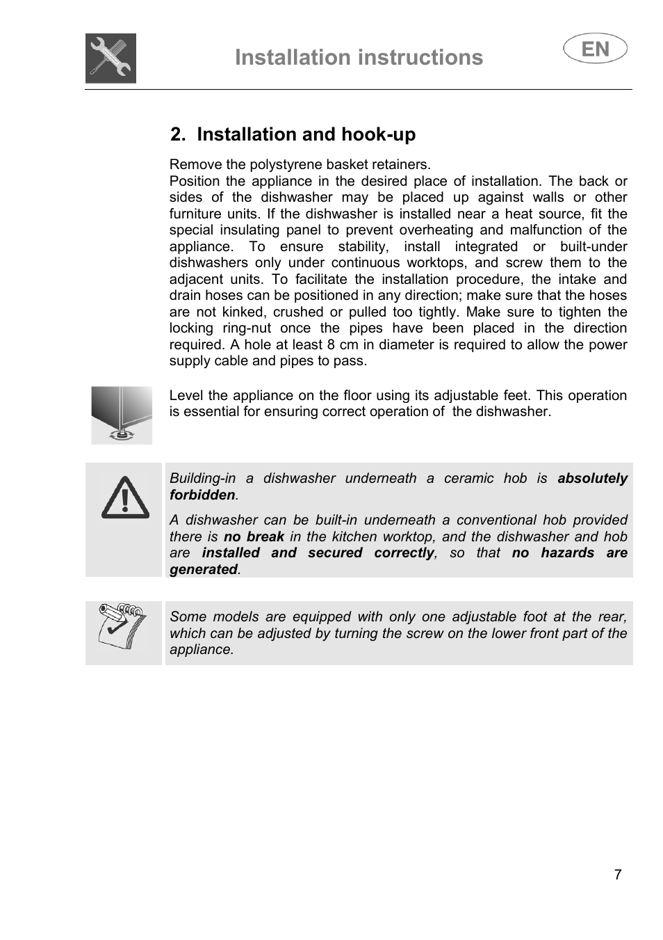 Installation instructions, Installation and hook-up | Smeg DI614H User Manual | Page 7 / 45