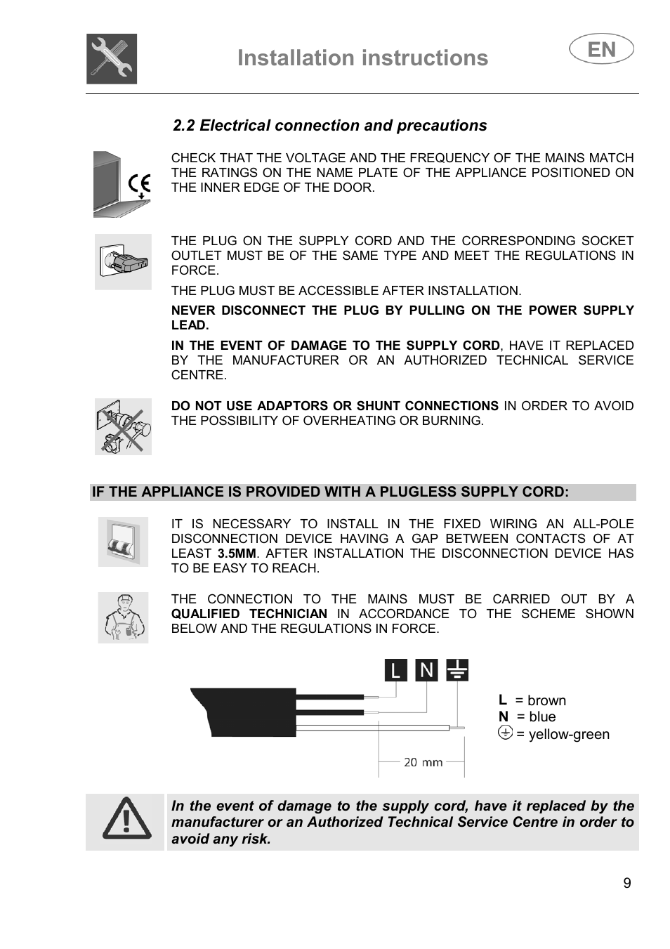 Installation instructions | Smeg DI614H User Manual | Page 9 / 45