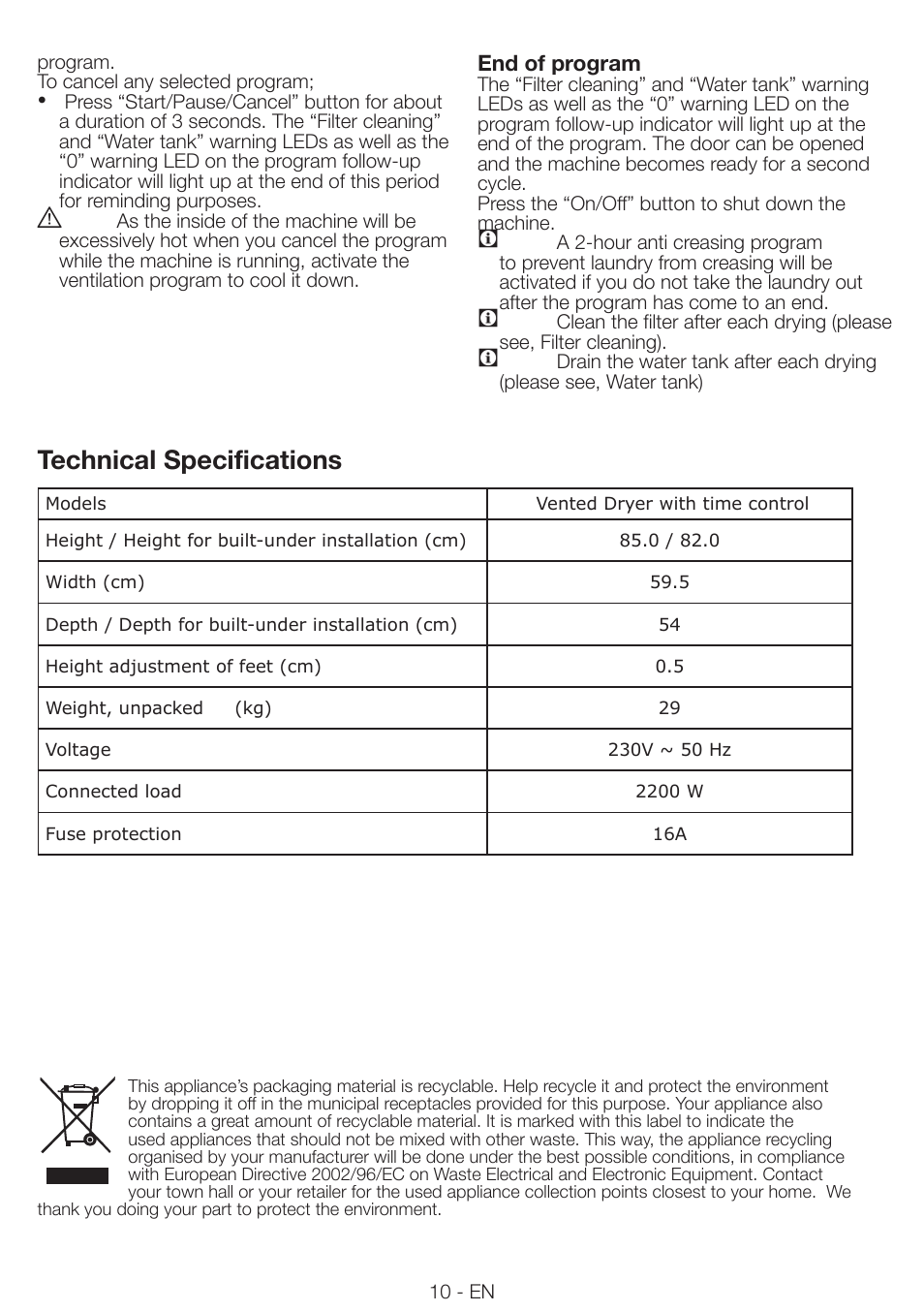 Technical specifications | Smeg Tumble Dyer AS 61 E User Manual | Page 10 / 12