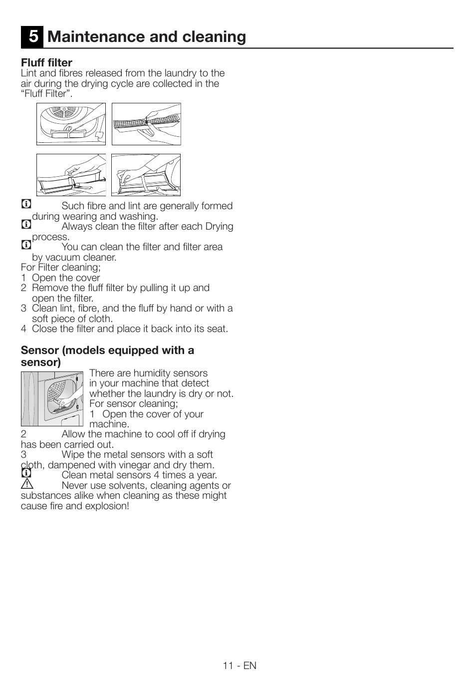 Maintenance and cleaning | Smeg Tumble Dyer AS 61 E User Manual | Page 11 / 12