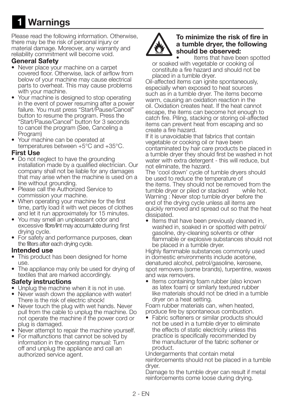 Warnings | Smeg Tumble Dyer AS 61 E User Manual | Page 2 / 12