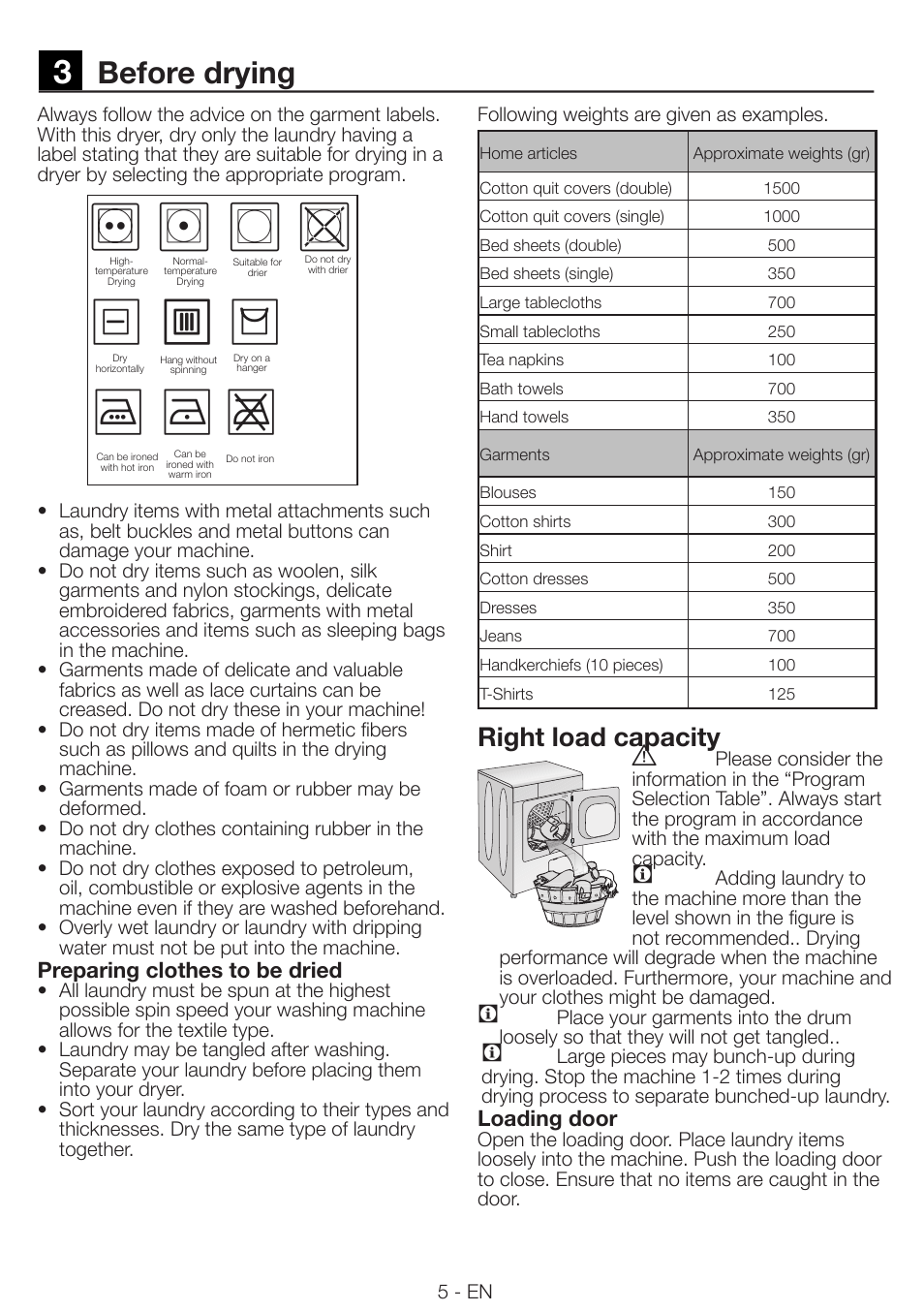 Before drying, Right load capacity a | Smeg Tumble Dyer AS 61 E User Manual | Page 5 / 12