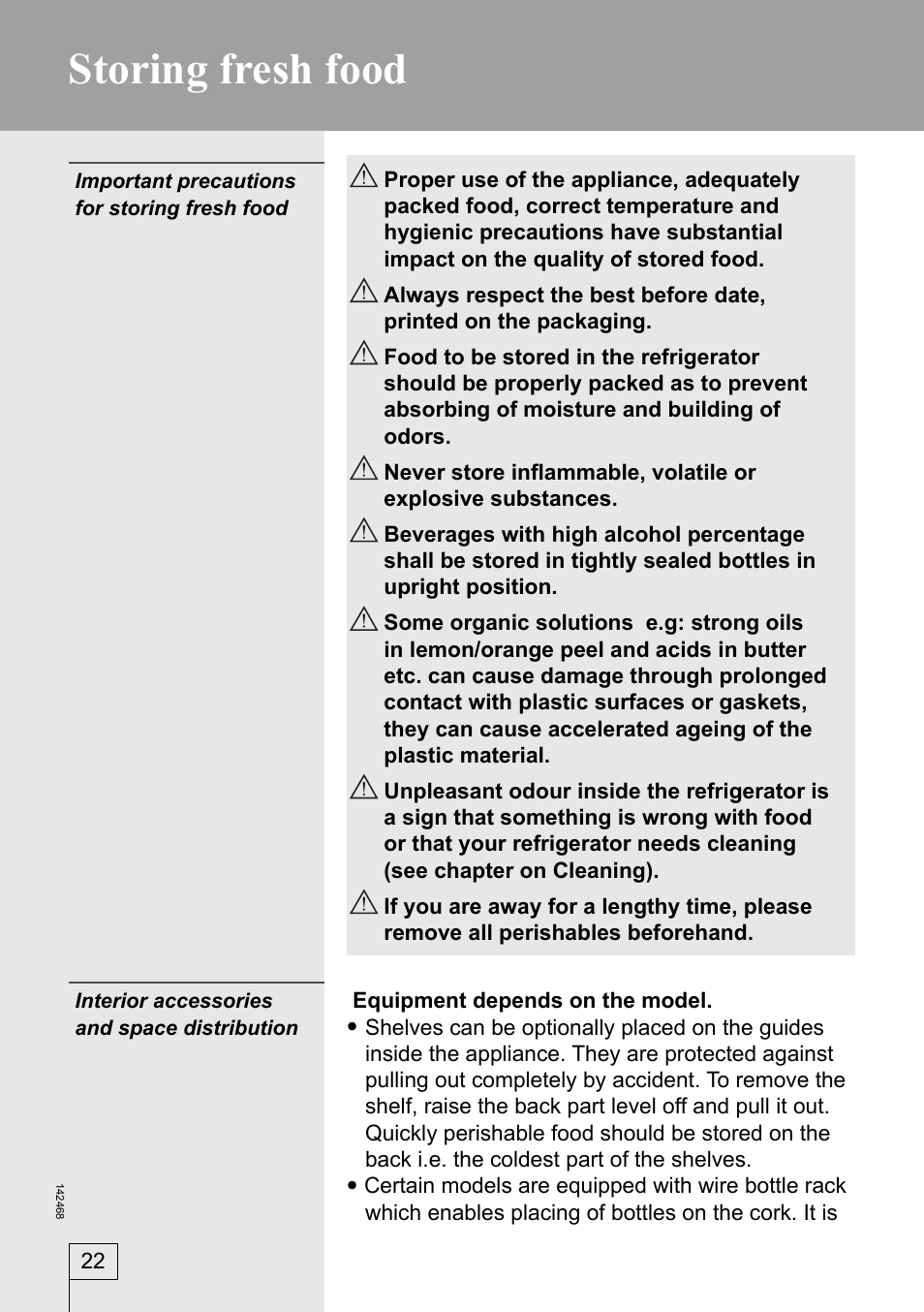 Storing fresh food | Smeg 142468 User Manual | Page 22 / 31
