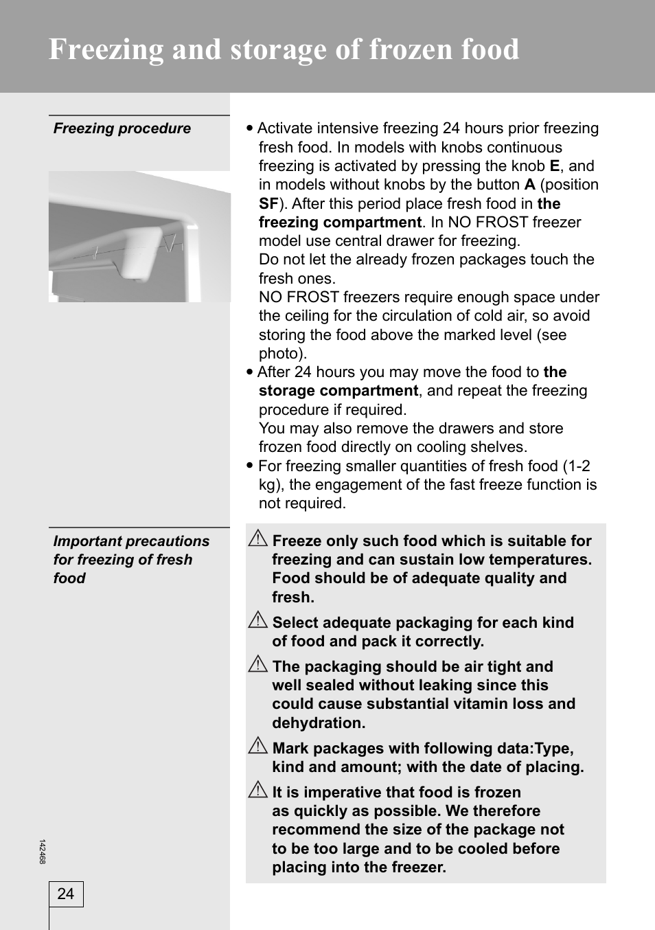 Freezing and storage of frozen food | Smeg 142468 User Manual | Page 24 / 31