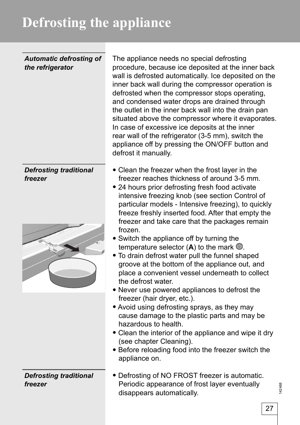 Defrosting the appliance | Smeg 142468 User Manual | Page 27 / 31