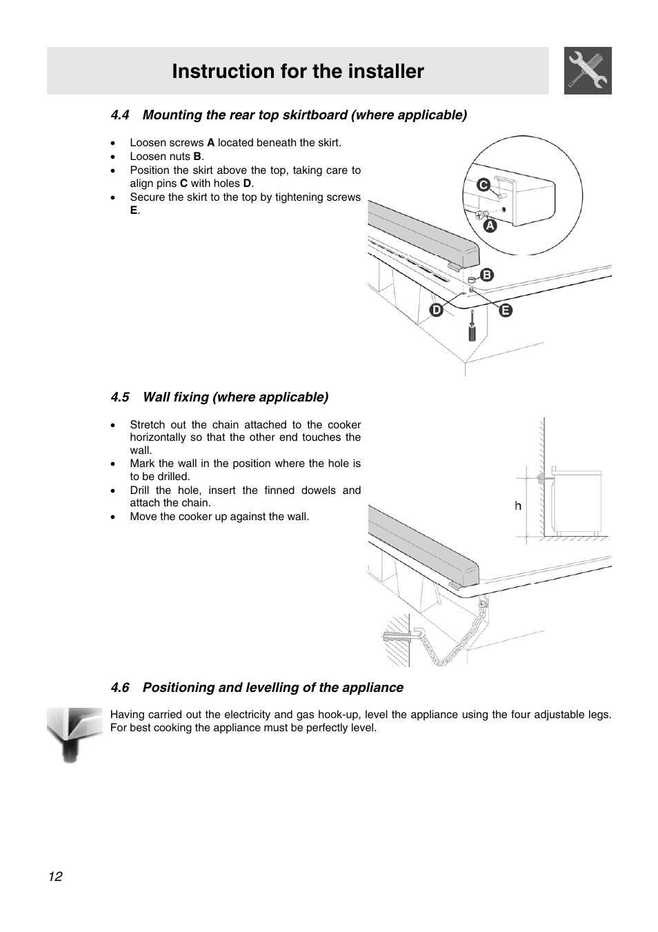 Wall fixing (where applicable), Positioning and levelling of the appliance, Instruction for the installer | Smeg APC61XVG User Manual | Page 10 / 24