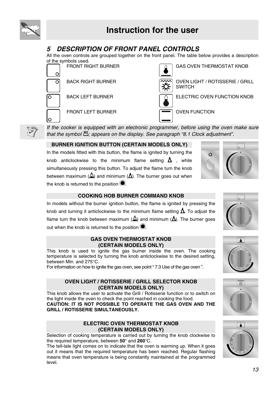 Description of front panel controls, 5 description of front panel controls, Instruction for the user | Smeg APC61XVG User Manual | Page 11 / 24