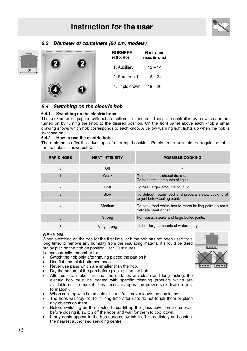 Diameter of containers (60 cm. models), Switching on the electric hob, Switching on the electric hobs | How to use the electric hobs, Instruction for the user, 3 diameter of containers (60 cm. models), 4 switching on the electric hob, Rapid hobs heat intensity possible cooking, Weak, Soft | Smeg APC61XVG User Manual | Page 14 / 24