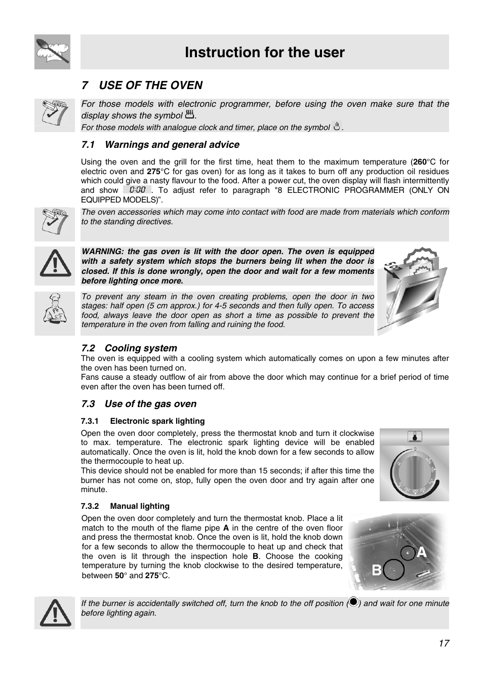 Use of the oven, Warnings and general advice, Cooling system | Use of the gas oven, Electronic spark lighting, Manual lighting, 7 use of the oven, Instruction for the user, 1 warnings and general advice, 2 cooling system | Smeg APC61XVG User Manual | Page 15 / 24