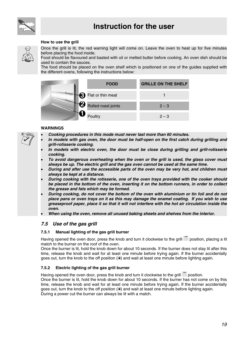 Use of the gas grill, Manual lighting of the gas grill burner, Electric lighting of the gas grill burner | Instruction for the user, 5 use of the gas grill | Smeg APC61XVG User Manual | Page 17 / 24