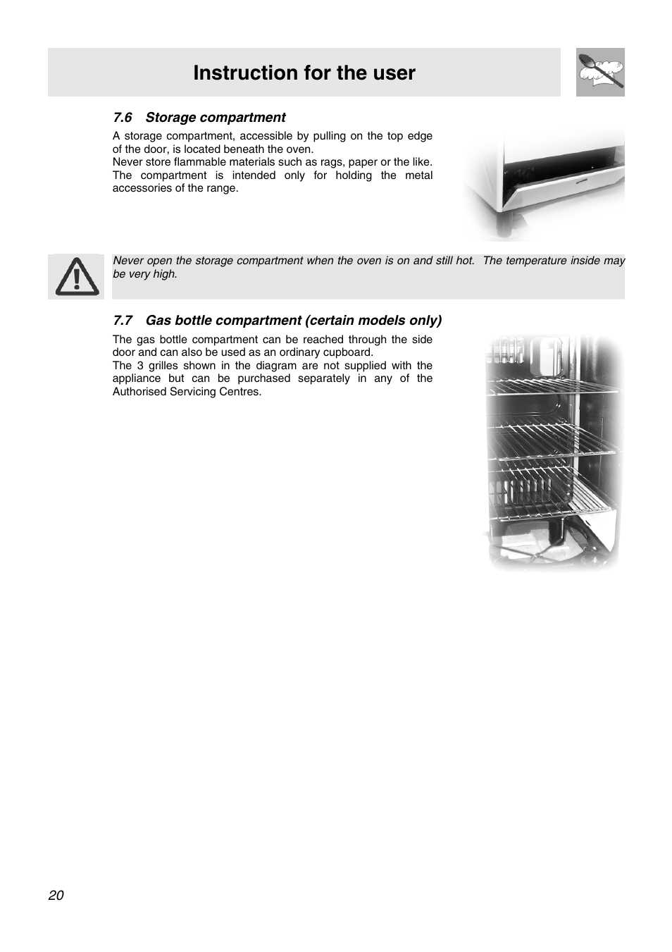 Storage compartment, Gas bottle compartment (certain models only), Instruction for the user | 6 storage compartment, 7 gas bottle compartment (certain models only) | Smeg APC61XVG User Manual | Page 18 / 24