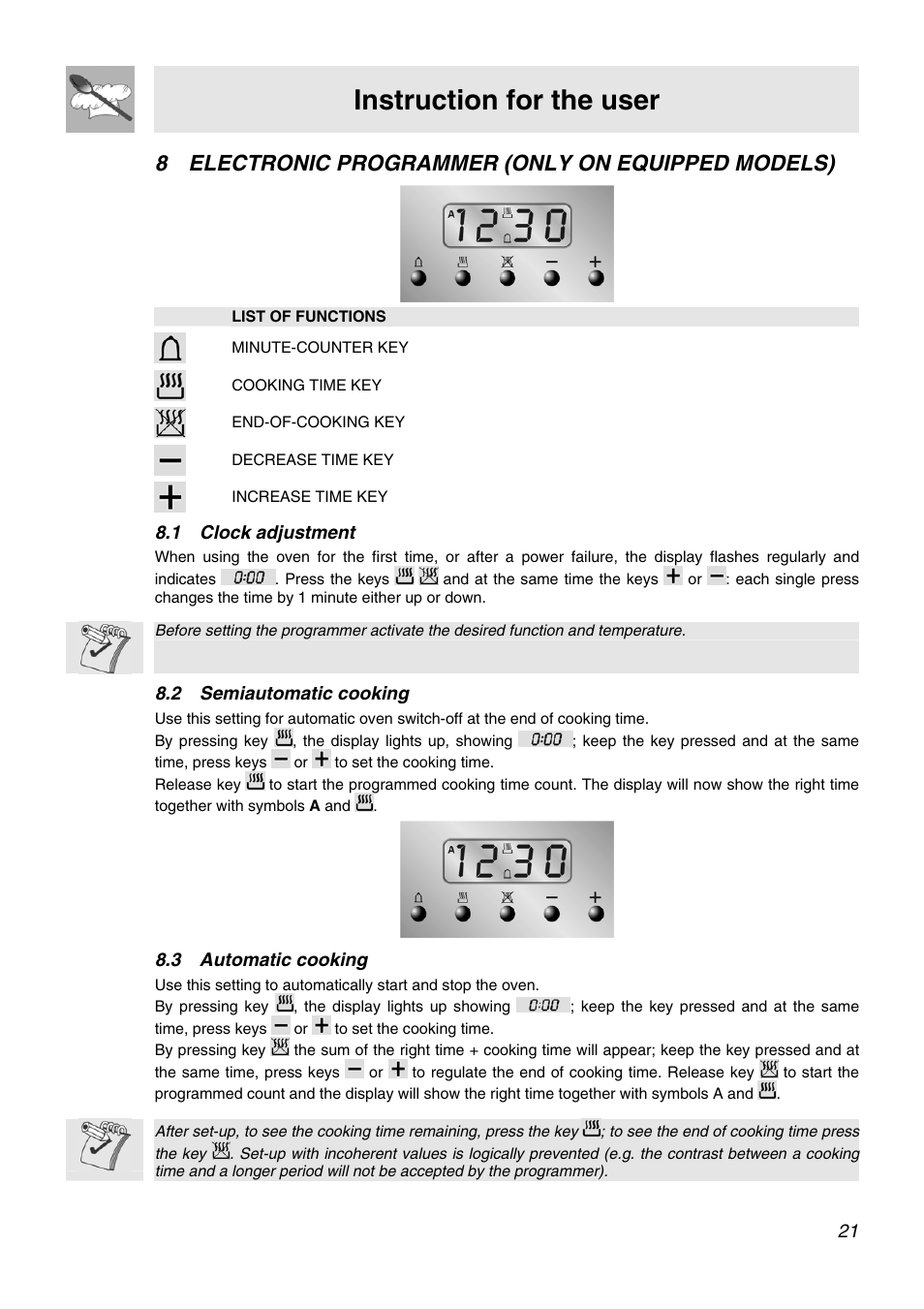 Electronic programmer (only on equipped models), Clock adjustment, Semiautomatic cooking | Automatic cooking, 8 electronic programmer (only on equipped models), Instruction for the user, 1 clock adjustment, 2 semiautomatic cooking, 3 automatic cooking | Smeg APC61XVG User Manual | Page 19 / 24