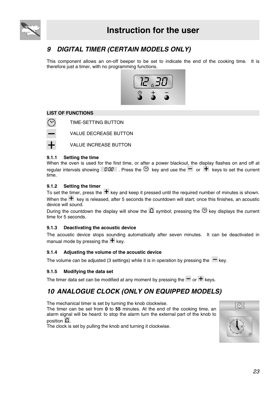 Digital timer (certain models only), Setting the time, Setting the timer | Deactivating the acoustic device, Adjusting the volume of the acoustic device, Modifying the data set, Analogue clock (only on equipped models), 9 digital timer (certain models only), Instruction for the user, 10 analogue clock (only on equipped models) | Smeg APC61XVG User Manual | Page 21 / 24