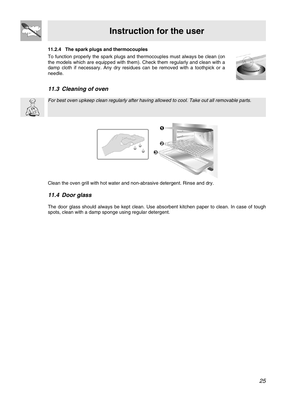 The spark plugs and thermocouples, Cleaning of oven, Door glass | Instruction for the user | Smeg APC61XVG User Manual | Page 23 / 24