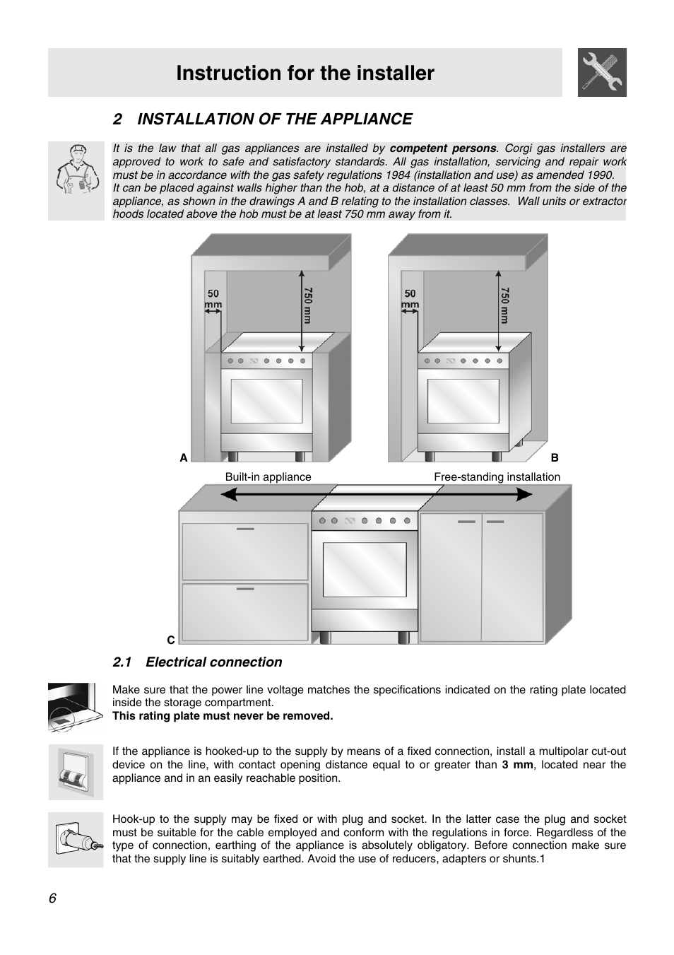 Installation of the appliance, Electrical connection, 2 installation of the appliance | Instruction for the installer, 1 electrical connection | Smeg APC61XVG User Manual | Page 4 / 24